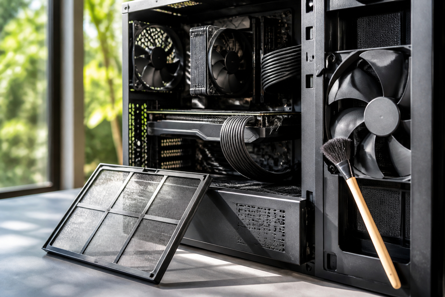 PC-Kühlung im Sommer mit gereinigtem Staubfilter und Gehäuselüftern