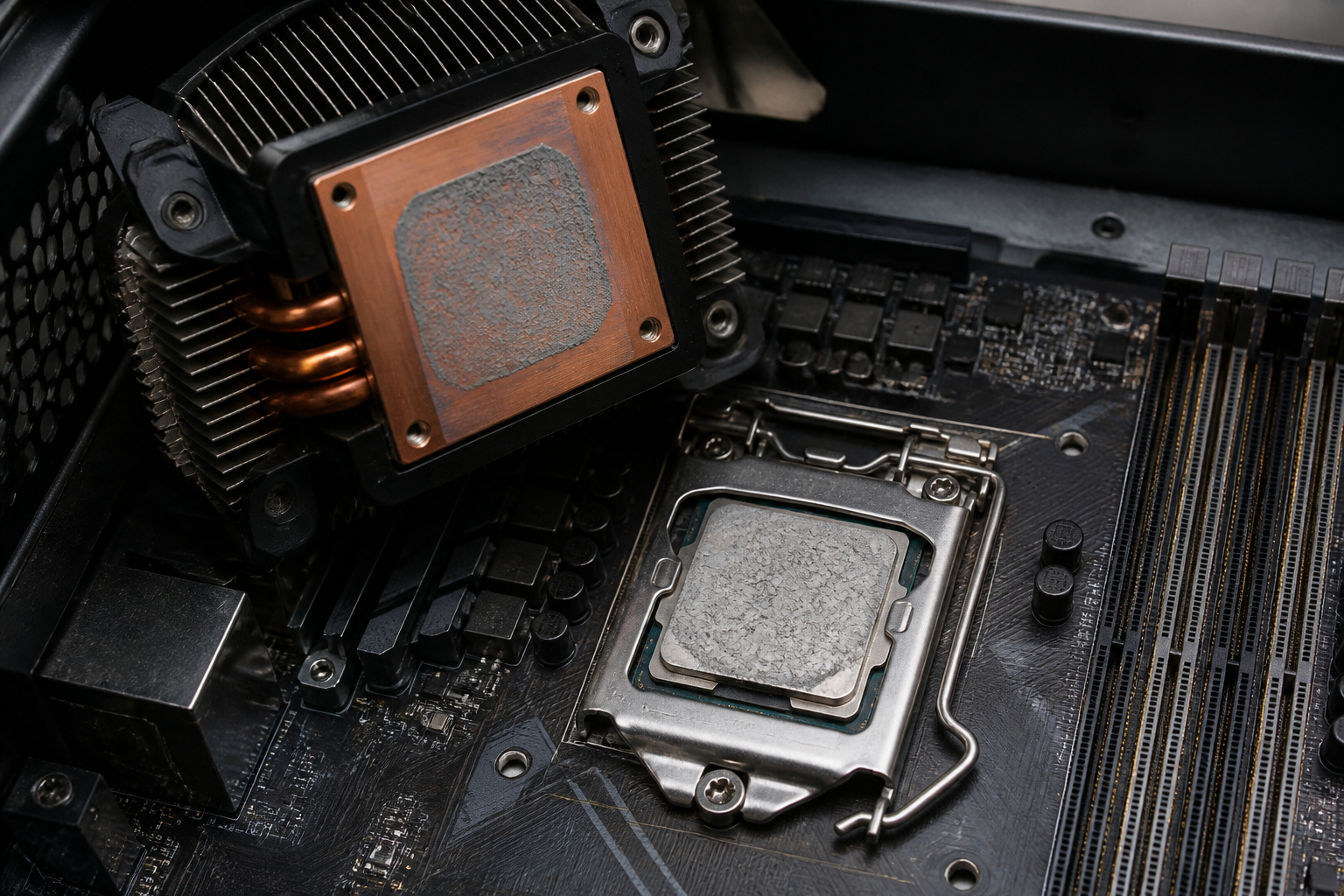 CPU-Kühler und Wärmeleitpaste beim Öffnen eines Gaming-PCs