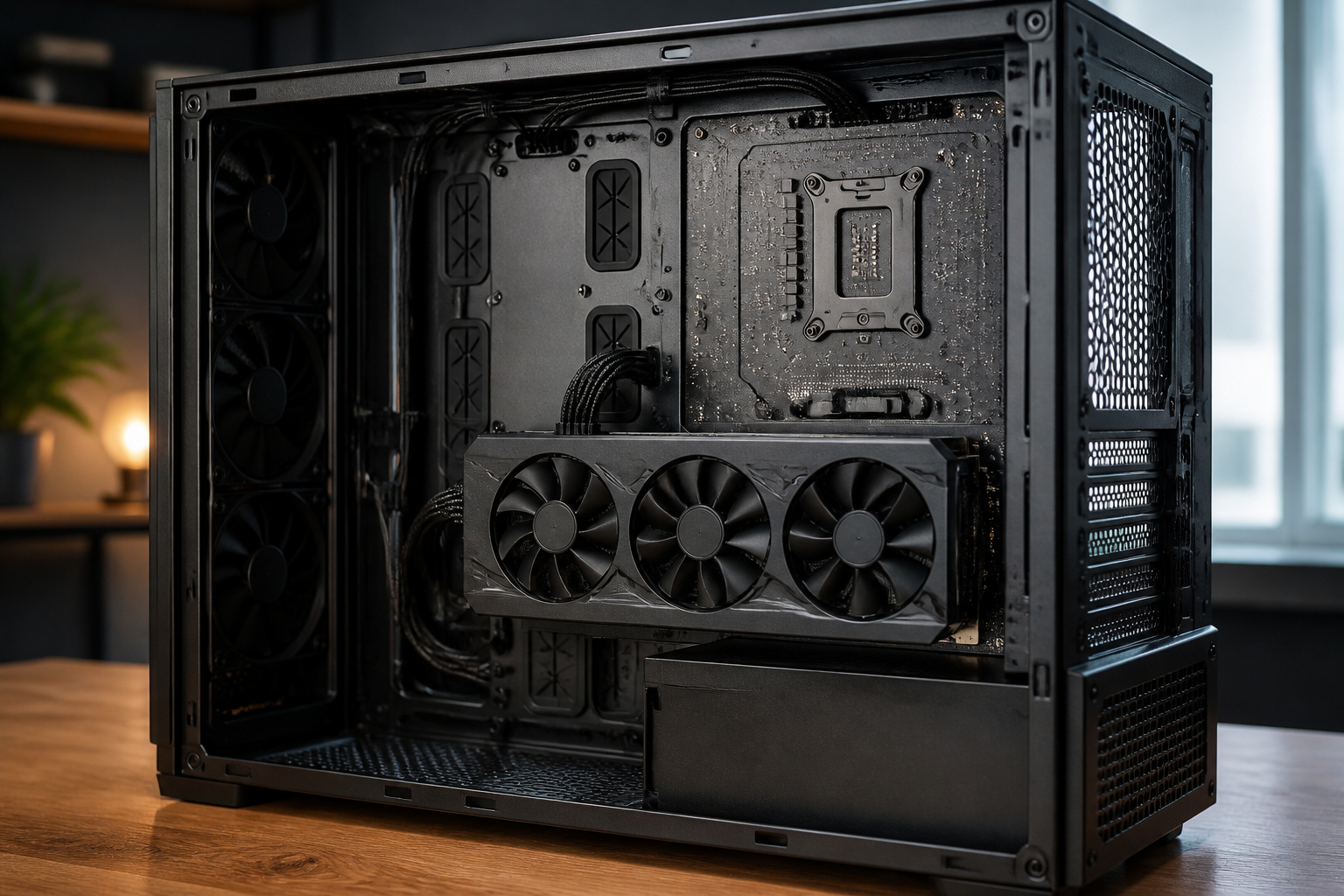 PC-Gehäuse beim Aufbau mit Mainboard-Tray und Kabelmanagement