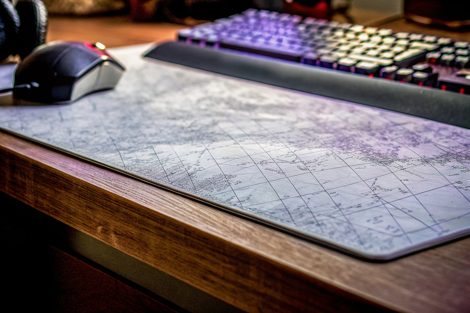 Detailaufnahme eines großen Mauspads mit Chart Patterns, das auf einem Gaming-Schreibtisch platziert ist. Großes Gaming-Mauspad mit Chart Patterns