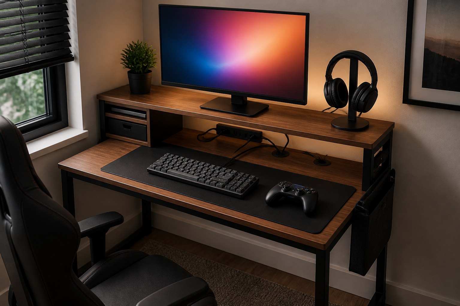 Gaming-Schreibtisch mit Monitorablage und Stauraum für kleine Räume
