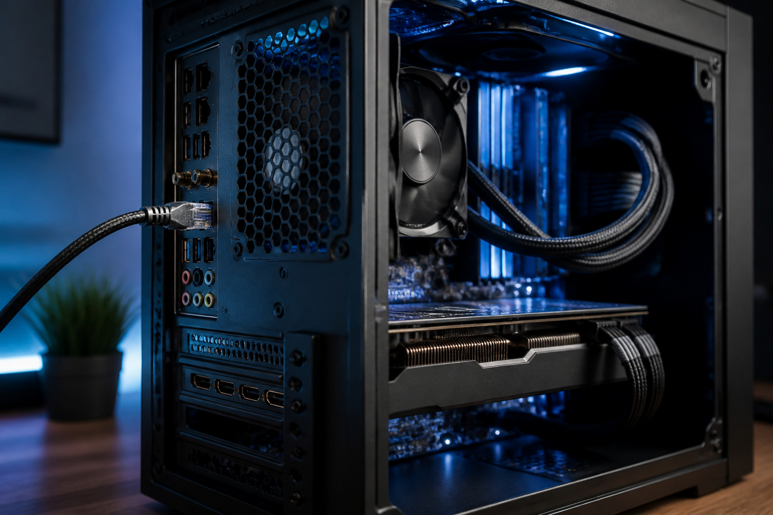 Gaming-PC mit 2,5-Gigabit-Ethernet-Anschluss und Netzwerkkabel