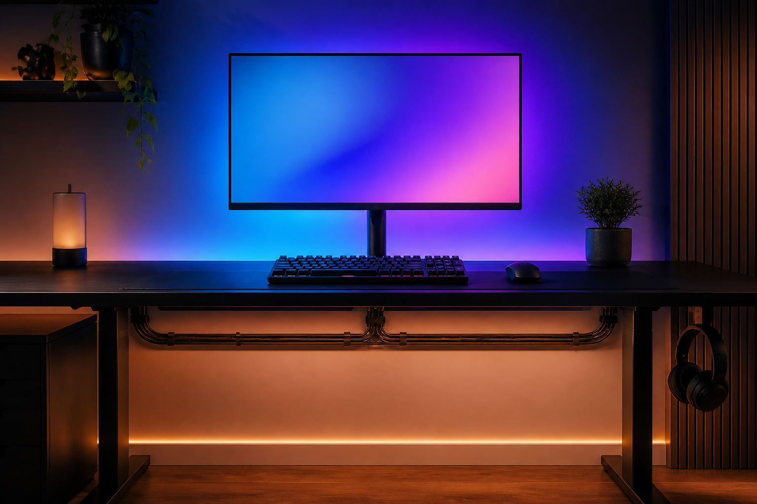 Aufgeräumtes ergonomisches Gaming-Setup mit Kabelmanagement und indirekter Beleuchtung