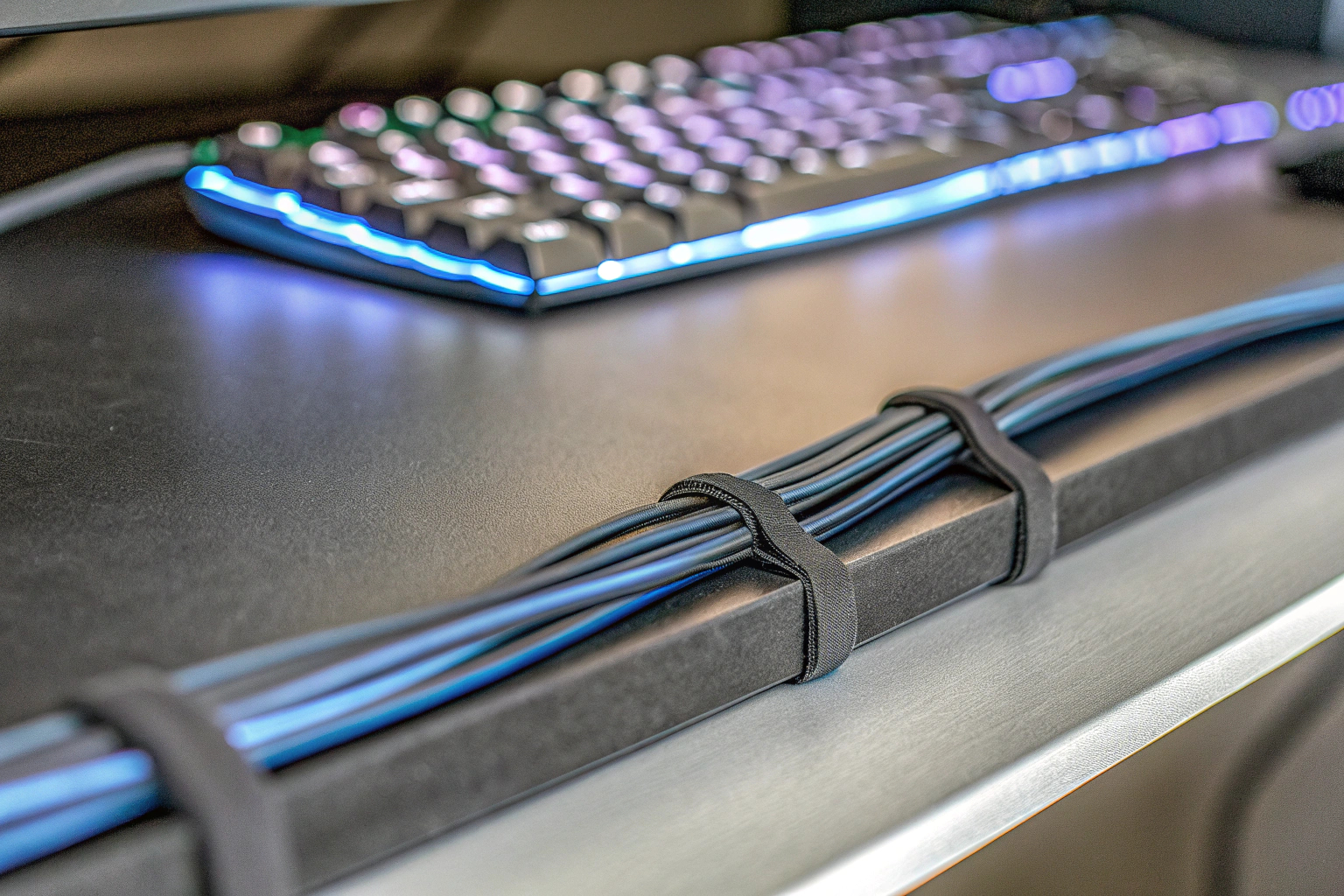 Detailaufnahme eines ordentlichen Kabelmanagements unter einem Gaming-Schreibtisch. Kabelmanagement unter einem Gaming-Schreibtisch