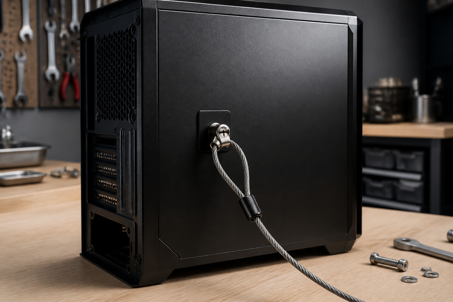 Selbstklebende Ankerplatte am PC-Gehäuse für Kabelschloss