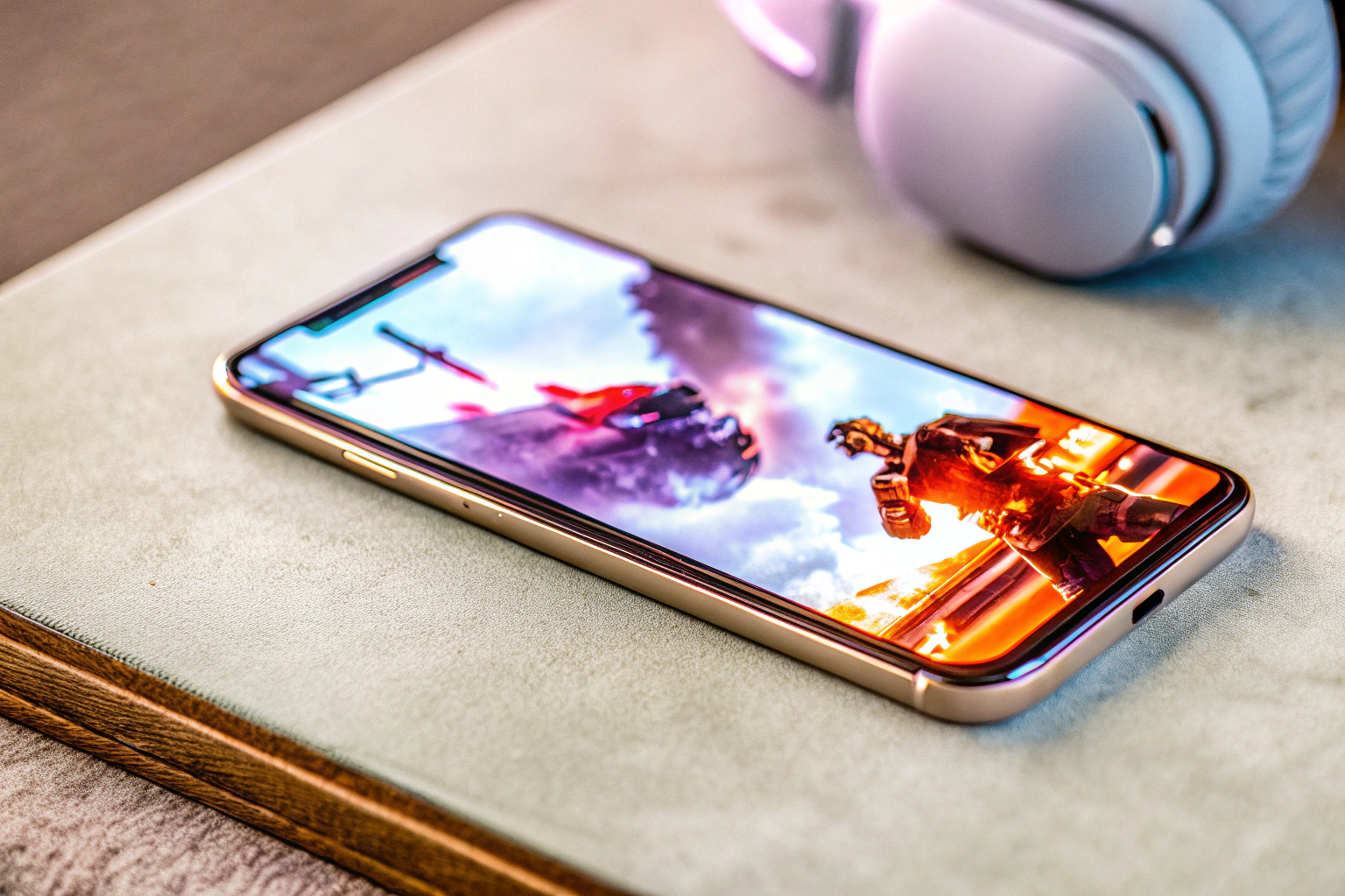 Detailaufnahme eines Smartphones beim Spielen eines actiongeladenen Games, um die Leistungsfähigkeit zu demonstrieren. Smartphone beim Gaming