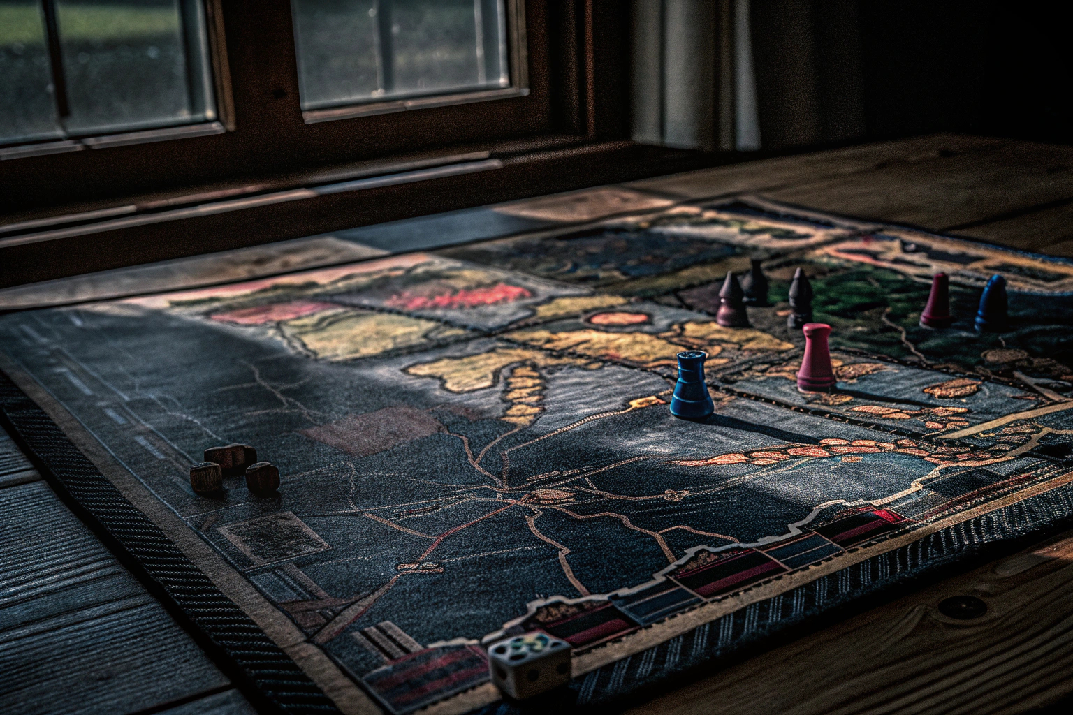 Detailaufnahme eines Spielbretts mit verschiedenen Spielfiguren und Karten. Detailaufnahme eines Strategiespiels