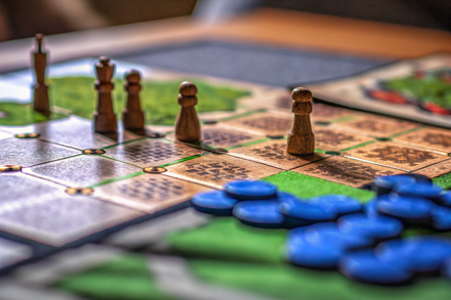Detailaufnahme eines strategischen Brettspiels mit Spielfiguren und Spielbrett. Strategisches Brettspiel