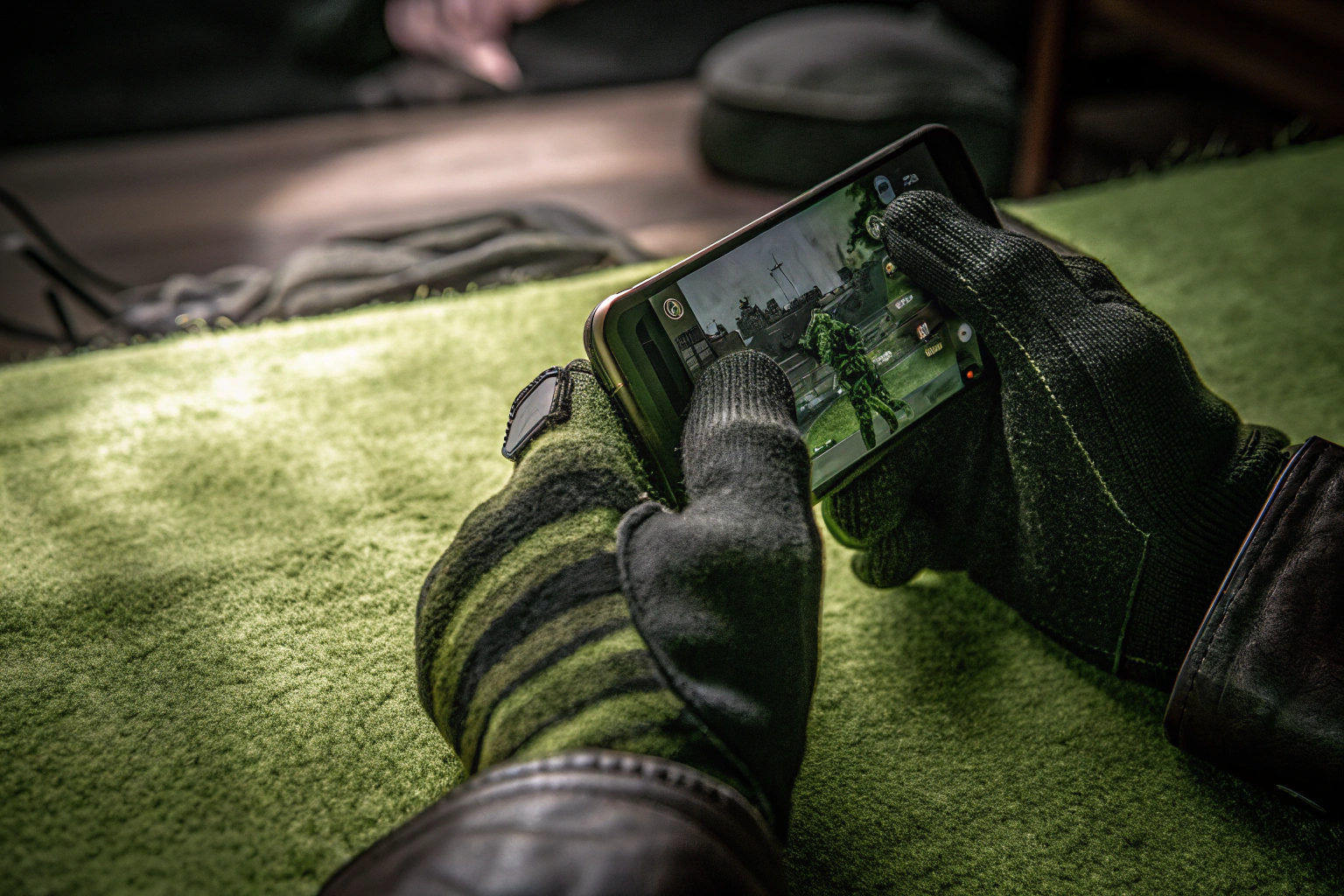 Detailaufnahme von Gaming Finger Sleeves in Gebrauch auf einem Smartphone. Gaming Finger Sleeves