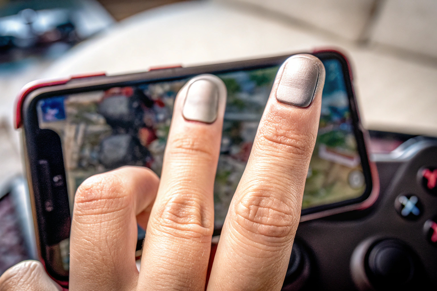 Detailaufnahme von Gaming-Fingerlingen, die auf einem Smartphone benutzt werden. Gaming Fingerlinge auf Smartphone