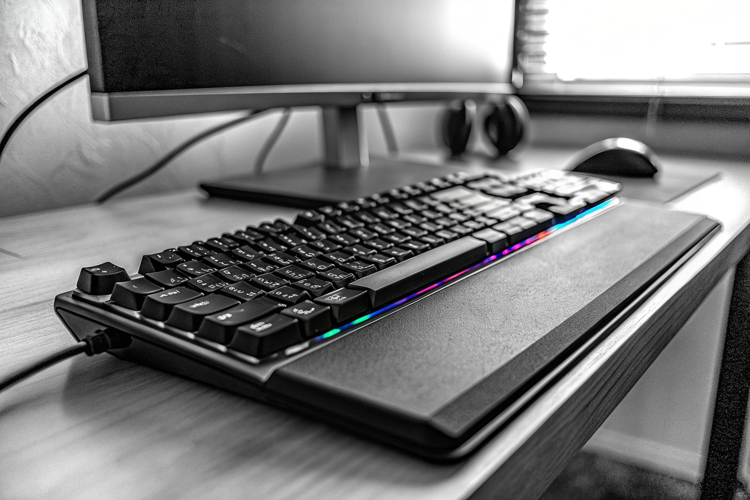Die CORSAIR K55 RGB PRO Gaming-Tastatur auf einem Gaming-Setup, die ihre RGB-Beleuchtung und die abnehmbare Handballenauflage zeigt. CORSAIR K55 RGB PRO Beleuchtung