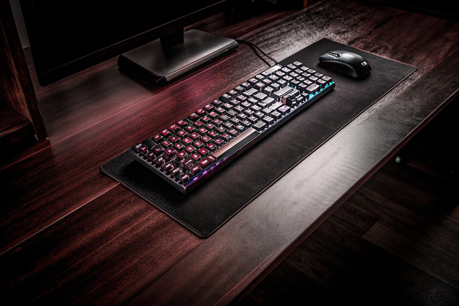 Die CORSAIR K55 RGB PRO Tastatur mit ihrer dynamischen RGB-Beleuchtung auf einem Schreibtisch. CORSAIR K55 RGB PRO Tastatur
