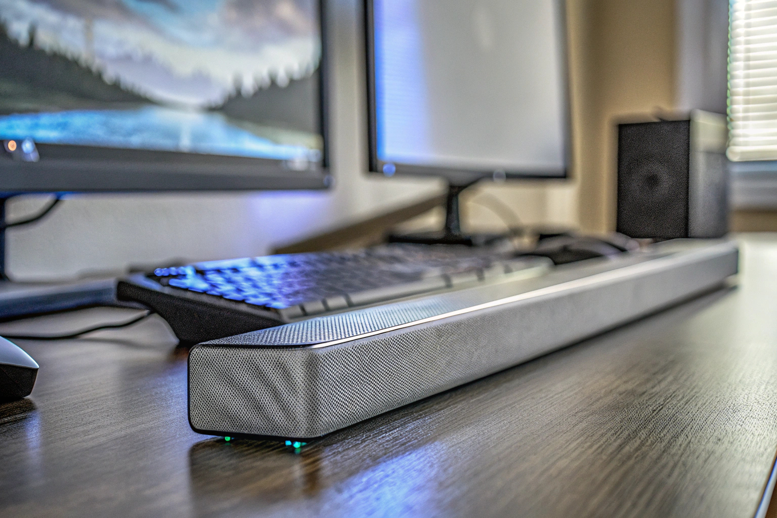 Die Creative Sound Blaster GS3 Soundbar mit RGB-Beleuchtung auf einem Schreibtisch. Creative Sound Blaster GS3 Gaming-Soundbar