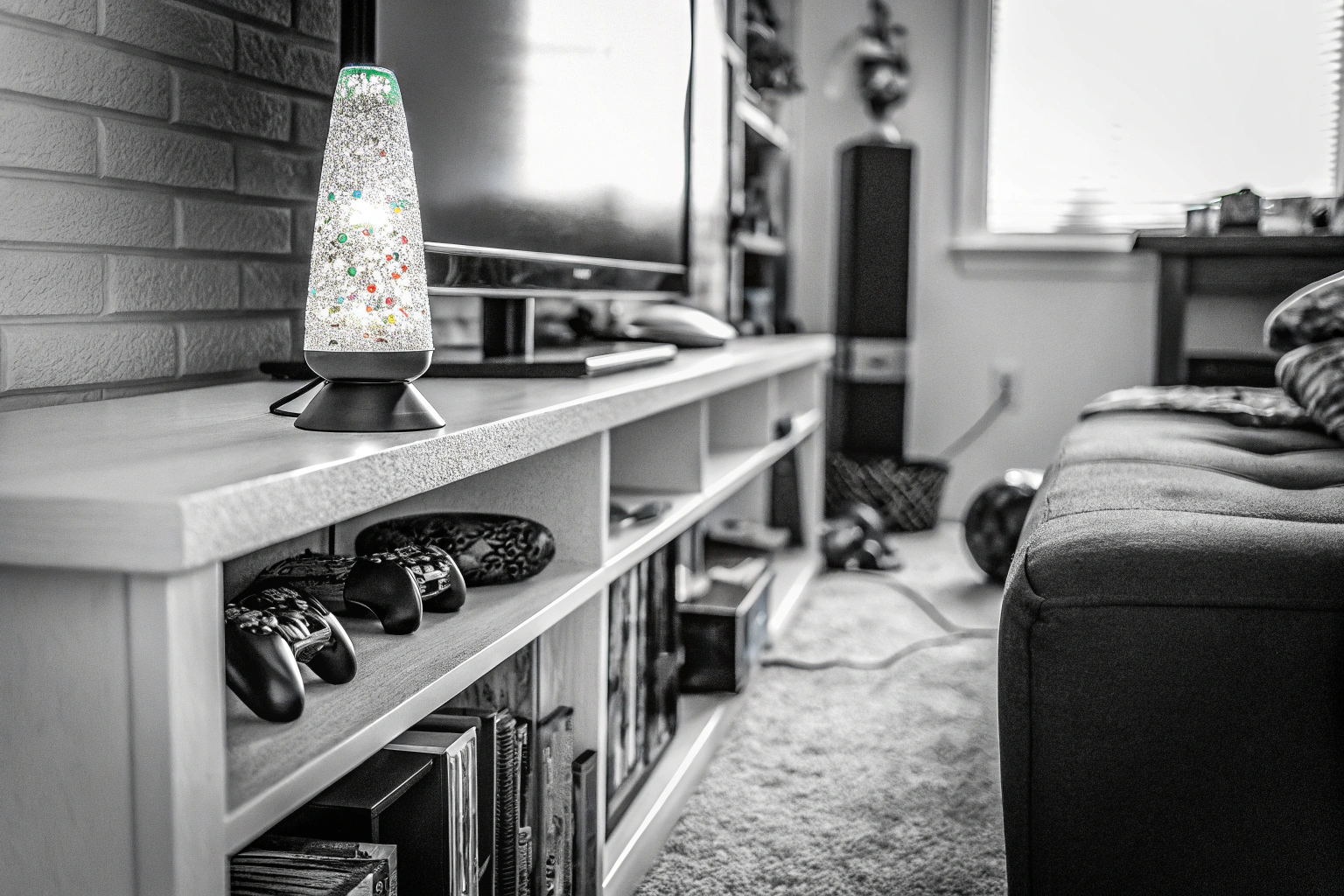 Die PlayStation Glitzer Flüssigkeitsfluss-Lampe auf einem Regal in einem Gaming-Zimmer. PlayStation Glitzer Lampe