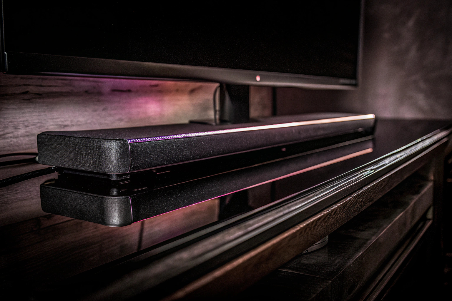 Die Razer Leviathan V2 X Soundbar unter einem Gaming-Monitor mit RGB-Beleuchtung. Razer Leviathan V2 X Gaming-Soundbar mit RGB