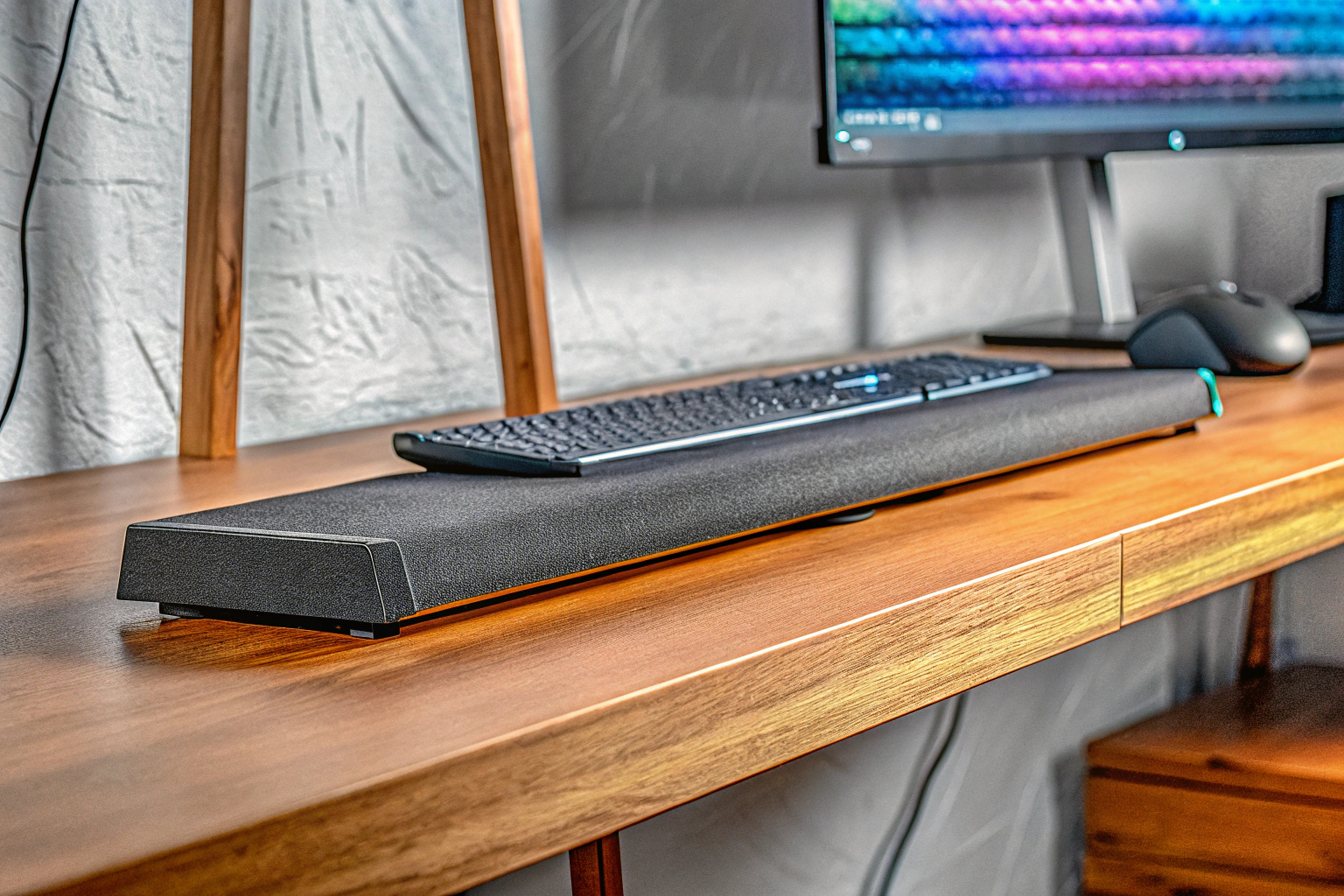 Die Trust GXT 1619 Rhox Soundbar auf einem Gaming-Schreibtisch mit RGB-Beleuchtung. Trust GXT 1619 Rhox Soundbar mit RGB