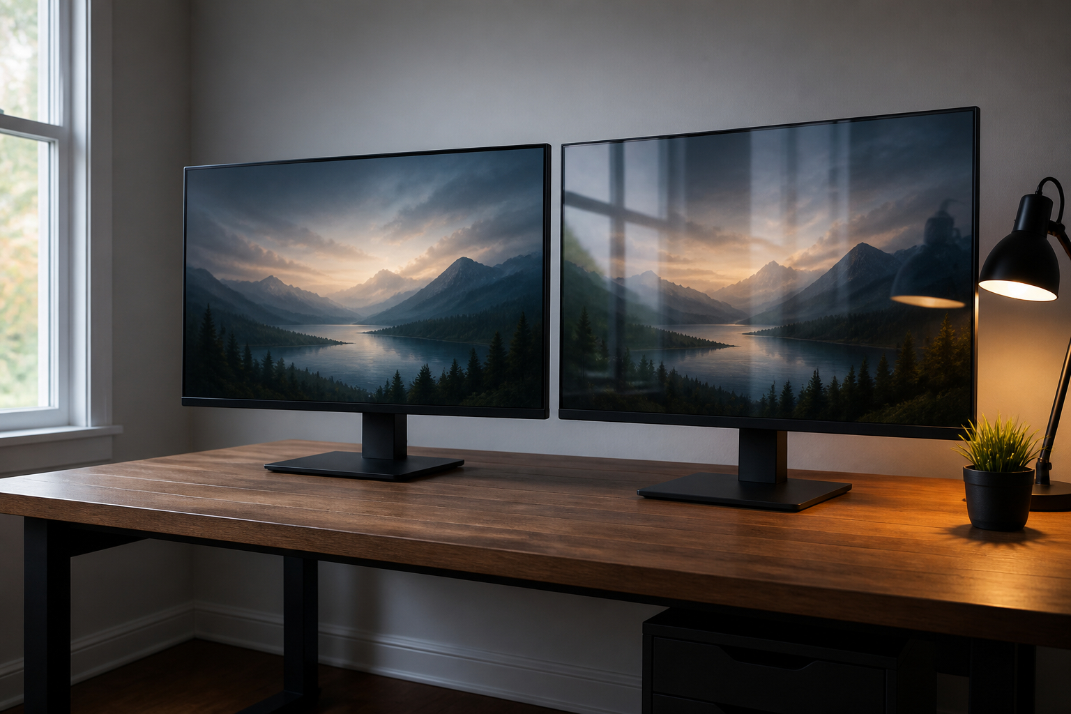 Vergleich von mattem und glänzendem Gaming-Monitor mit Reflexionen
