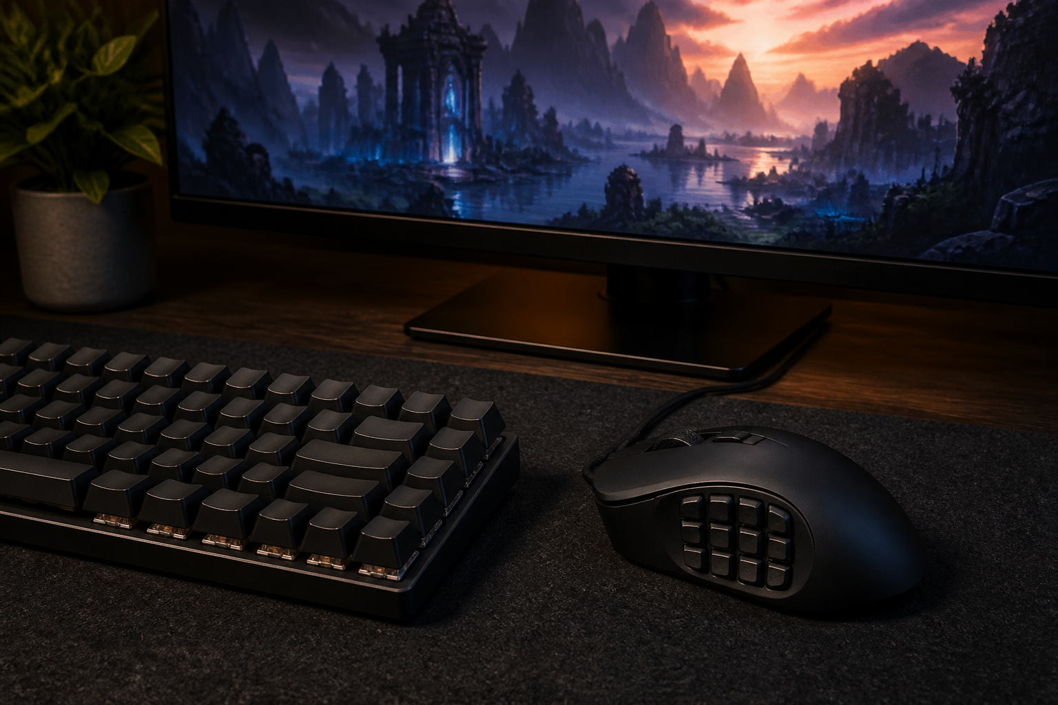 MMO-Maus mit zwölf Seitentasten neben Gaming-Tastatur