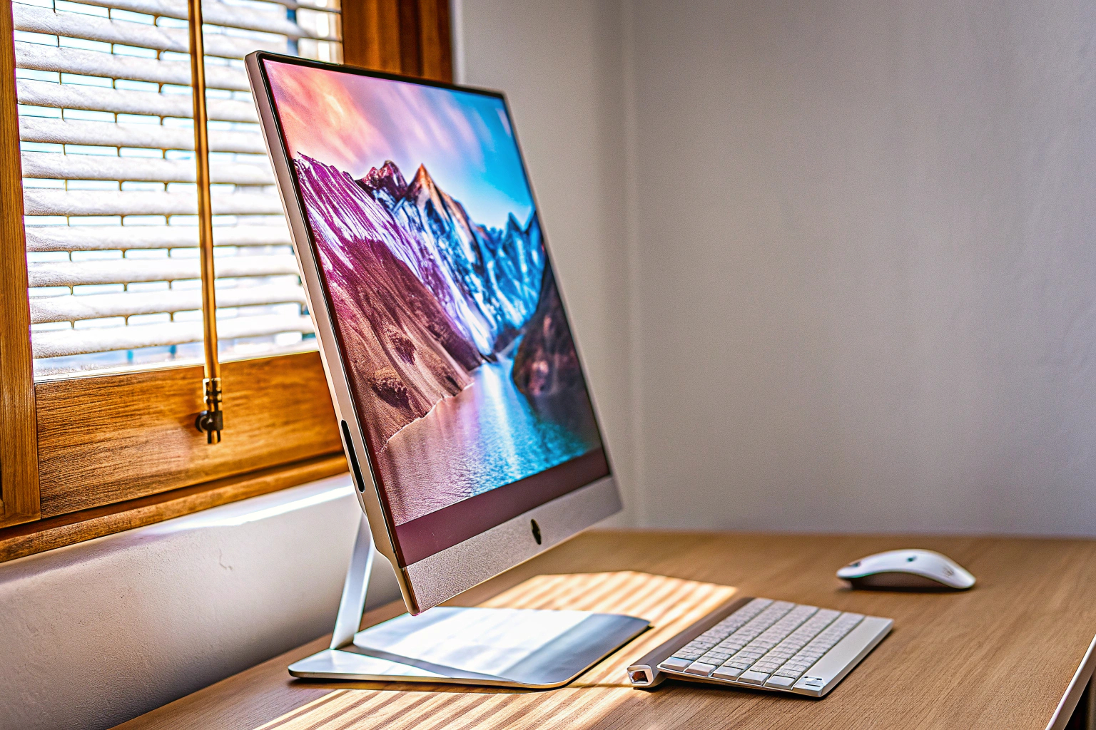 Ein Arbeitsplatz mit einem modernen Monitor, Tastatur und Maus. Moderner Arbeitsplatz mit Monitor