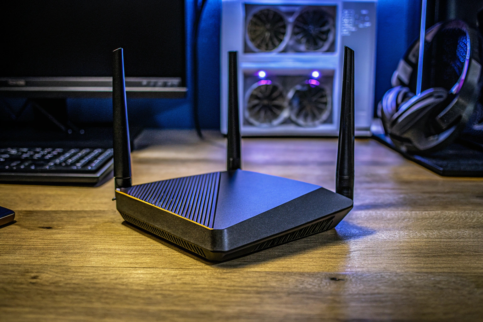 Ein ASUS TUF Gaming AX6000 Router auf einem Schreibtisch neben einem Gaming-PC. ASUS TUF Gaming AX6000 Router
