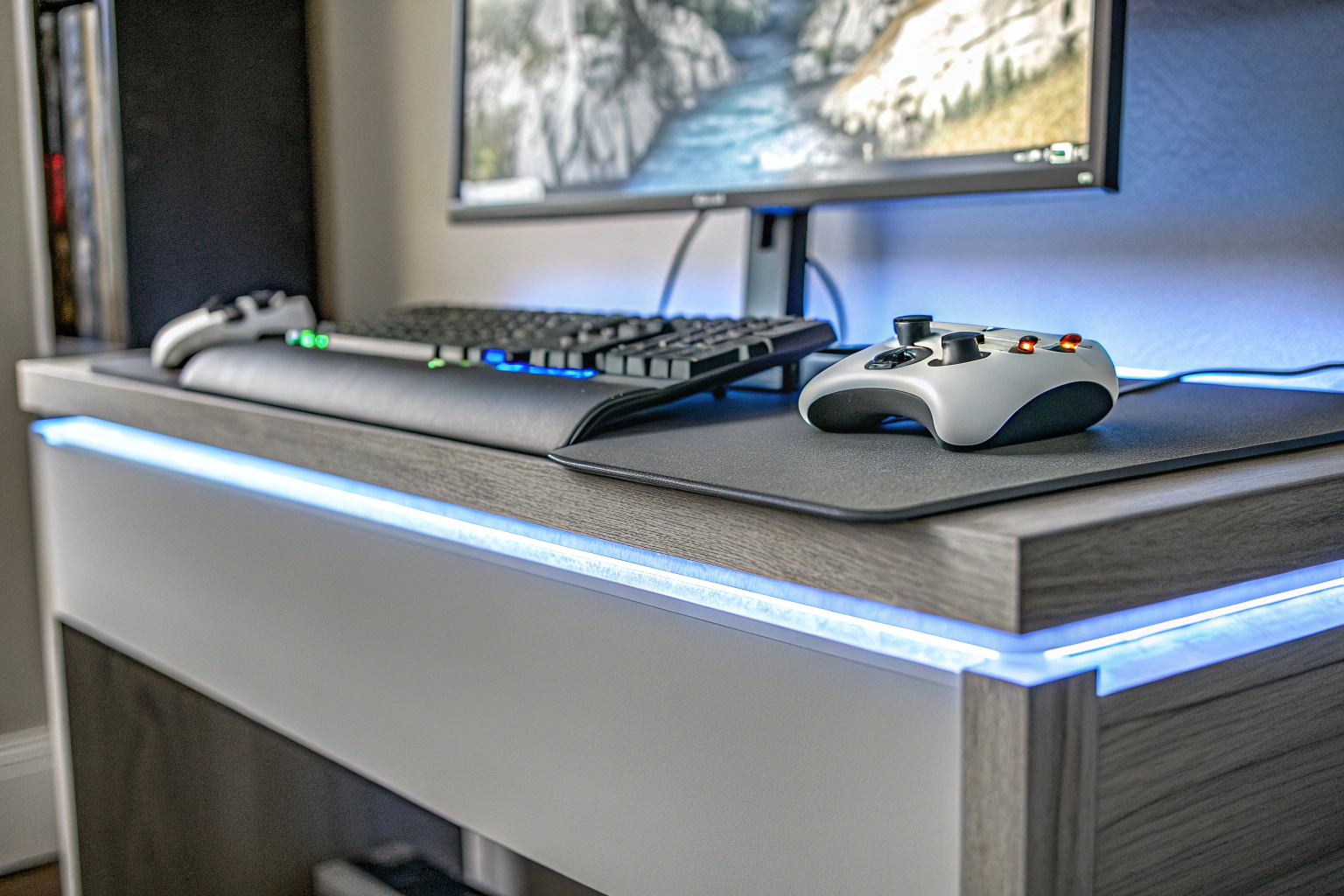 Ein aufgeräumter Gaming-Schreibtisch mit einem unter dem Tisch montierten Controller-Ständer. Untertisch Controller Halterung