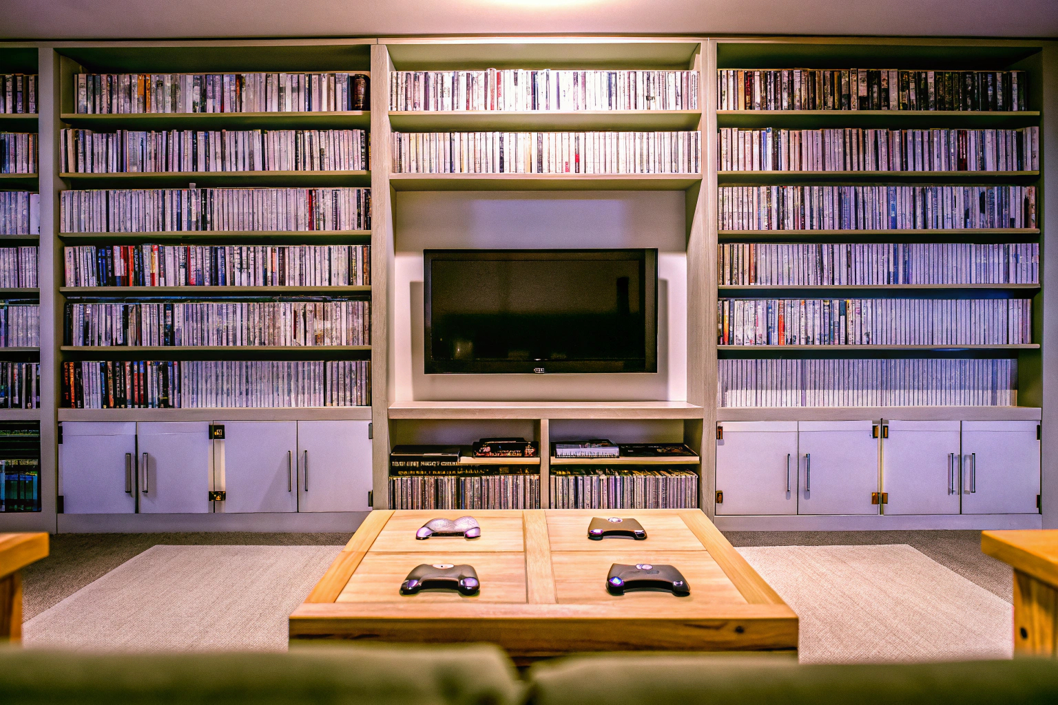 Ein aufgeräumtes Spielezimmer mit Regalen voller Spiele und Konsolen, das zeigt, wie man seine Sammlung effektiv organisieren kann. Effektiv organisiertes Spielezimmer