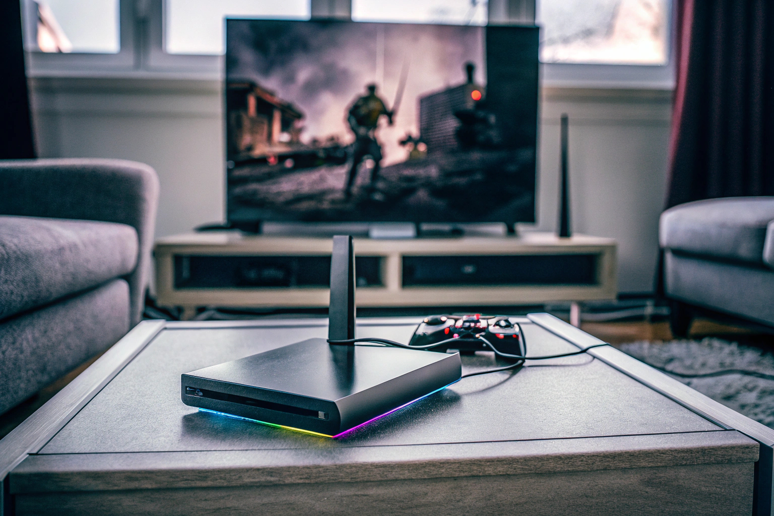 Ein Bild, das die Nutzung eines Gaming-Routers bei einem Online-Spiel zeigt, während andere Geräte im Hintergrund streamen. Nutzung eines Gaming-Routers während eines Online-Spiels