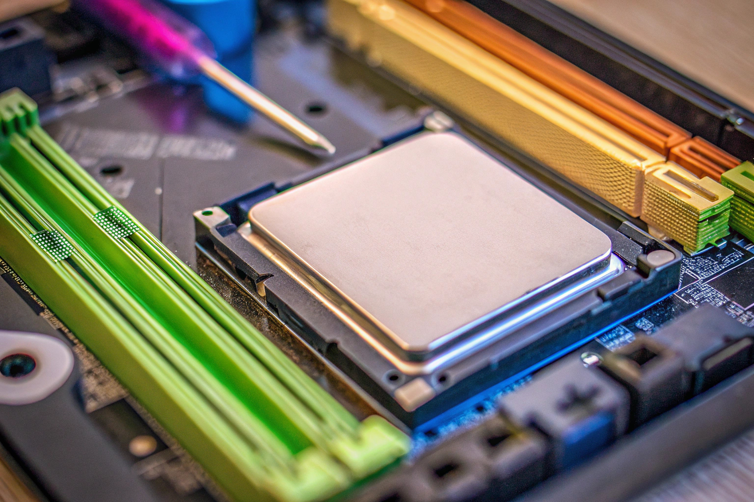 Ein Bild, das Komponenten wie CPU, RAM und Mainboard zeigt PC-Komponenten: CPU, RAM und Mainboard