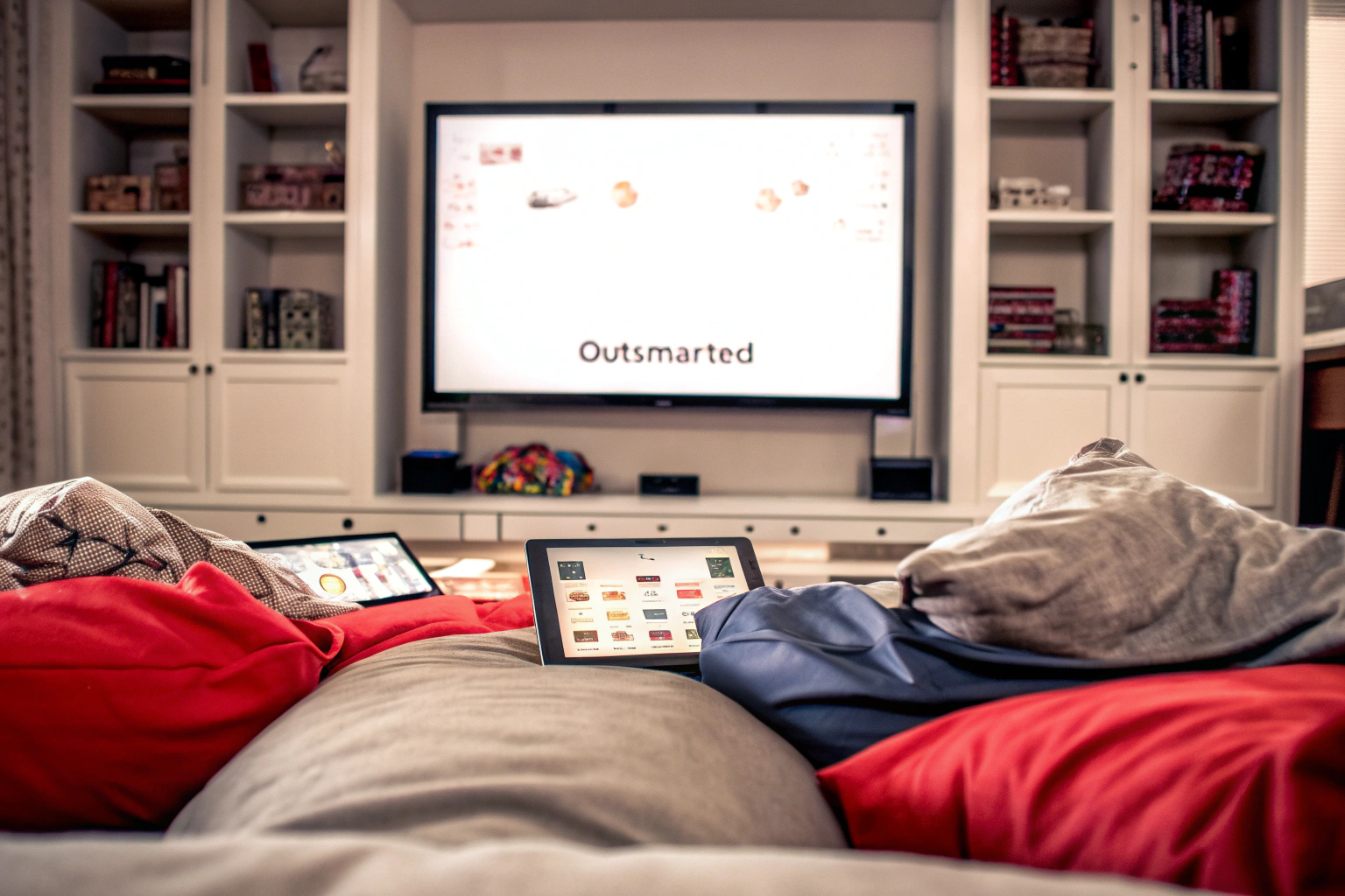 Ein Bild einer Familie, die Outsmarted spielt, umgeben von Technologie und Spaß. Outsmarted Brettspiel