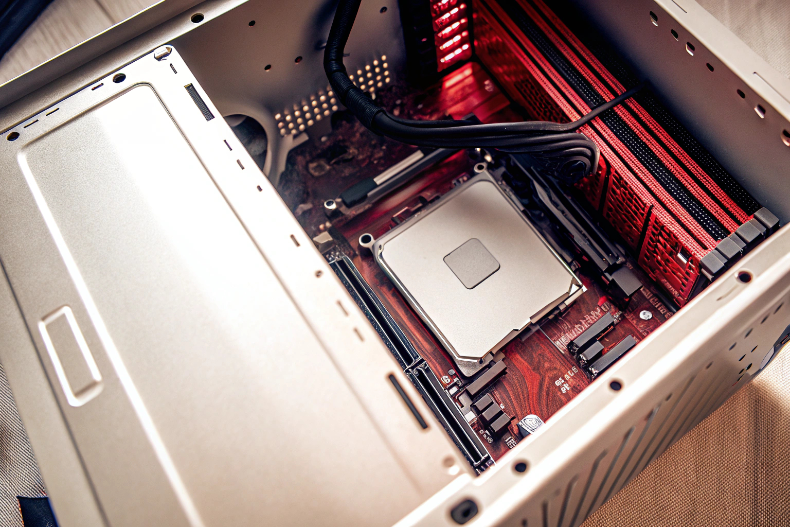 Ein Bild eines geöffneten PC-Gehäuses, in dem eine neue Hauptplatine und ein neuer Prozessor installiert werden. PC-Innenansicht mit neuem Mainboard und Prozessor