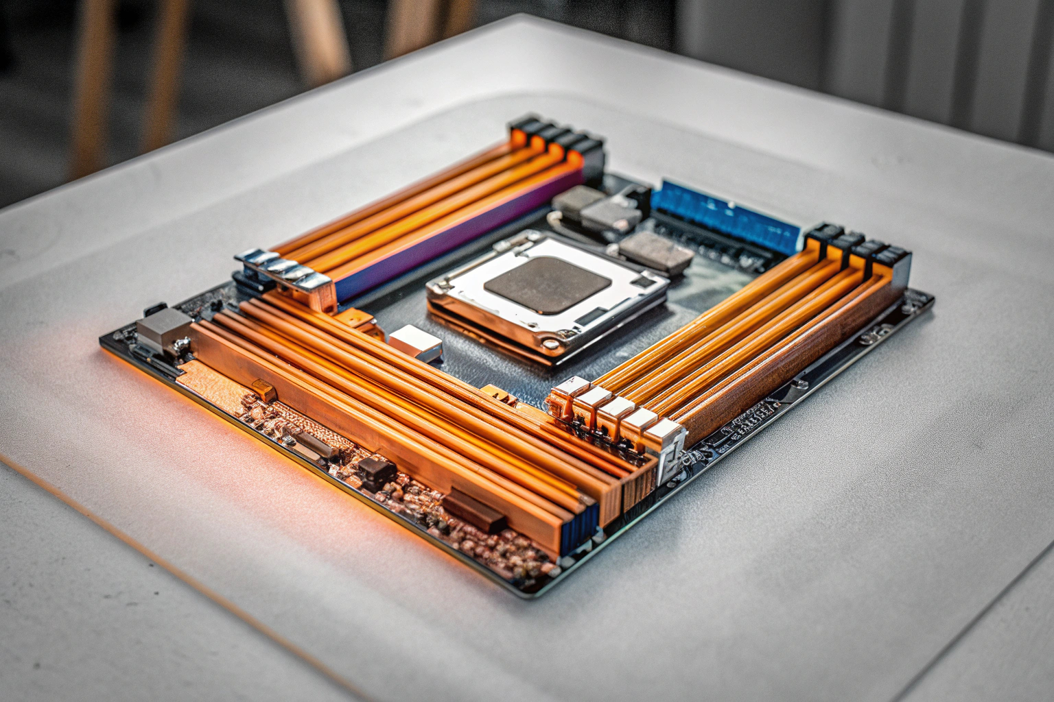 Ein Bild eines modernen Mainboards mit CPU und RAM Modernes Mainboard mit CPU und RAM