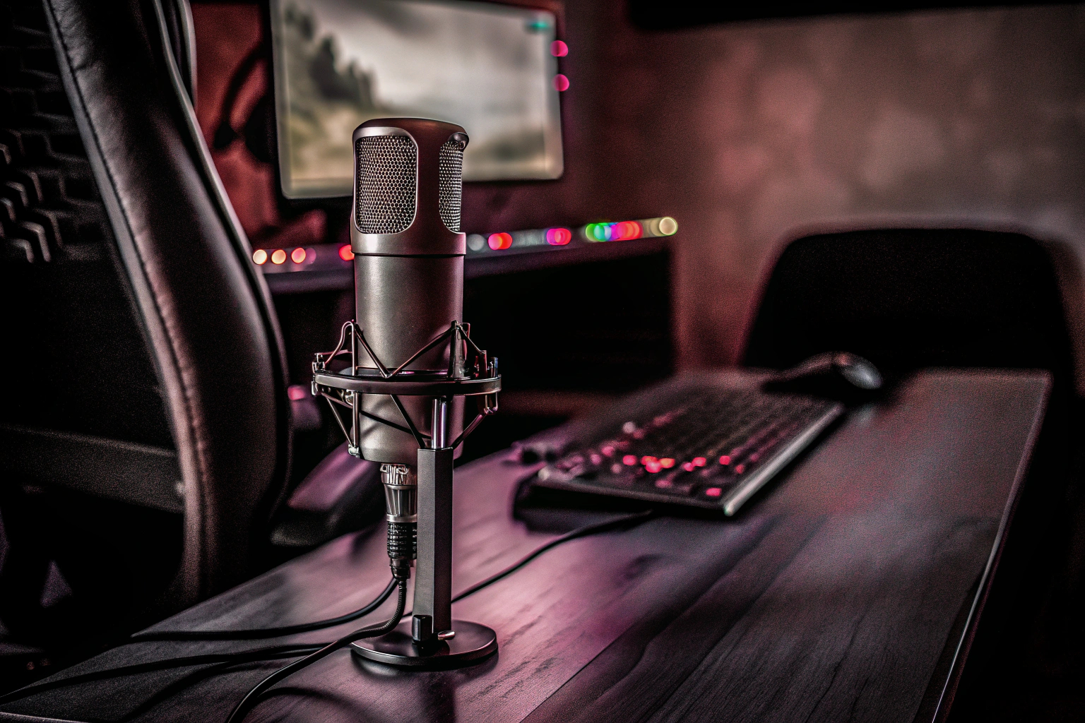 Ein Bild eines professionellen Streamers, der ein Kondensatormikrofon benutzt. Streamer mit Kondensatormikrofon