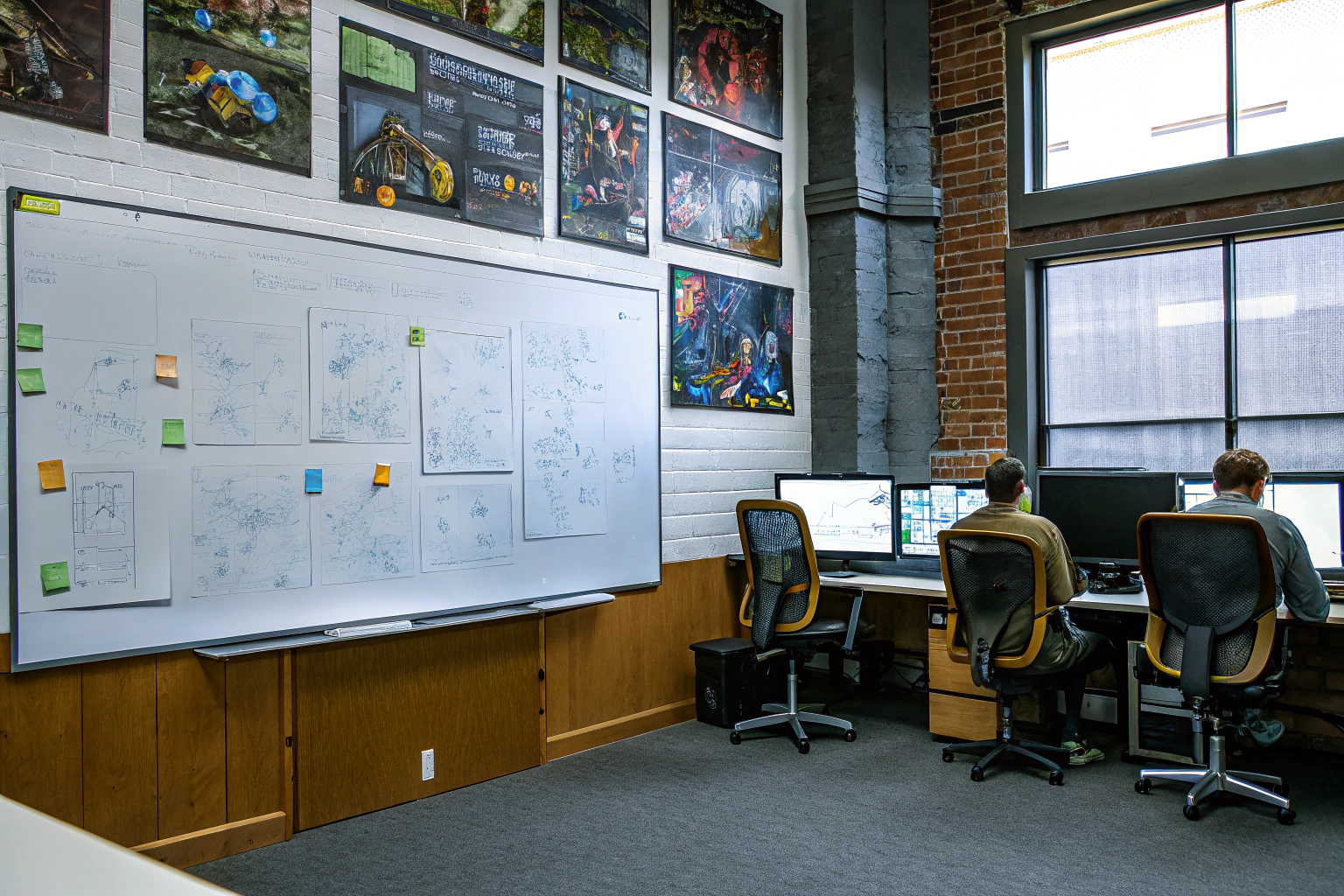 Ein Bild von einem dynamischen Büroumfeld in einem Spielestudio, das Teamarbeit symbolisiert. Teamarbeit im Spielestudio