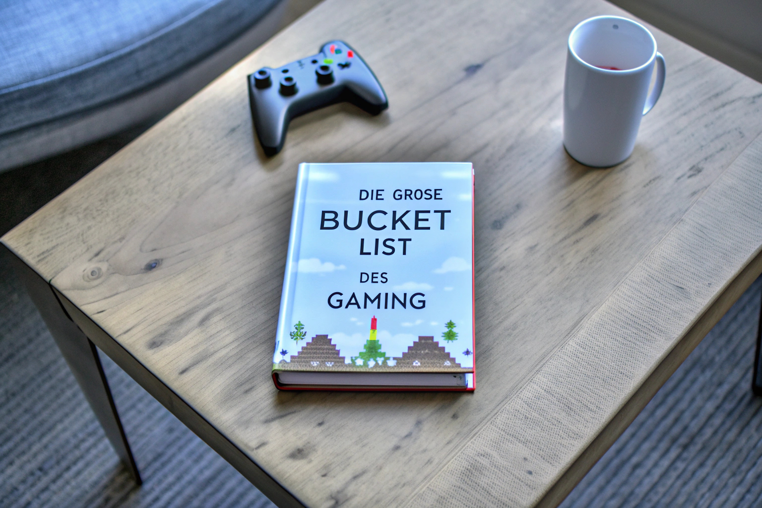 Ein Buch mit dem Cover von 'Die große Bucket List des Gaming', das auf einem Tisch liegt. Buch über Videospiele