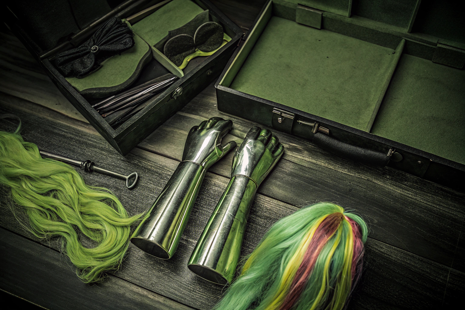 Ein Cosplayer, der verschiedene Accessoires für sein Kostüm vorbereitet. Cosplayer mit Accessoires