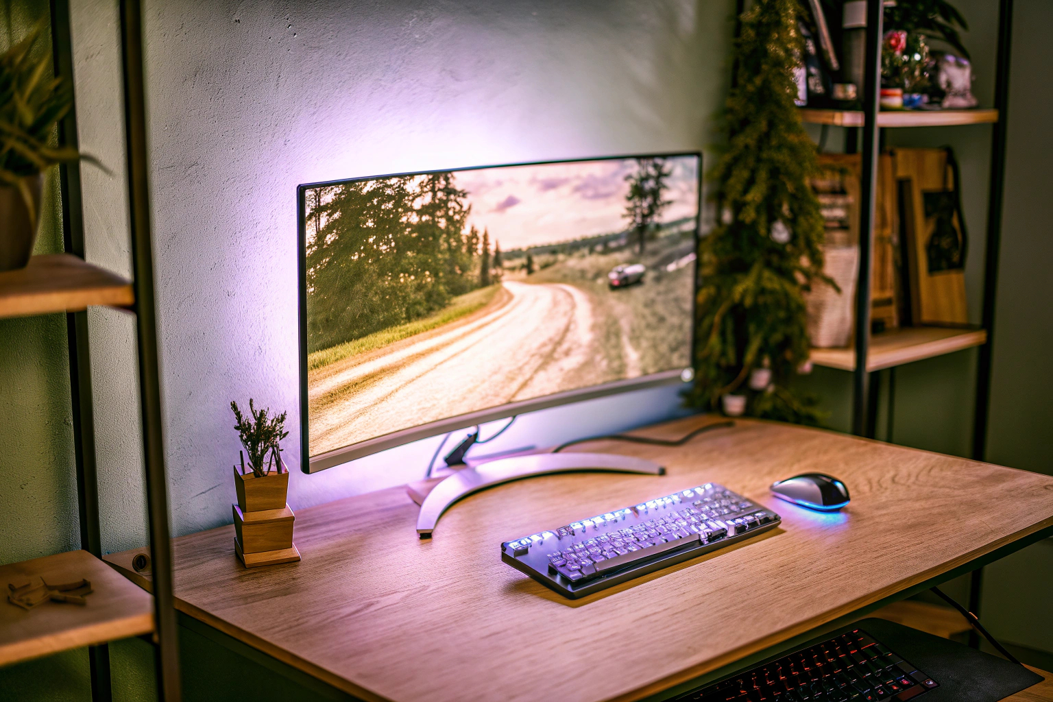 Ein Curved-Gaming-Monitor auf einem Schreibtisch mit RGB-Beleuchtung und einem Gaming-Setup im Hintergrund. Curved-Gaming-Monitor mit RGB-Setup