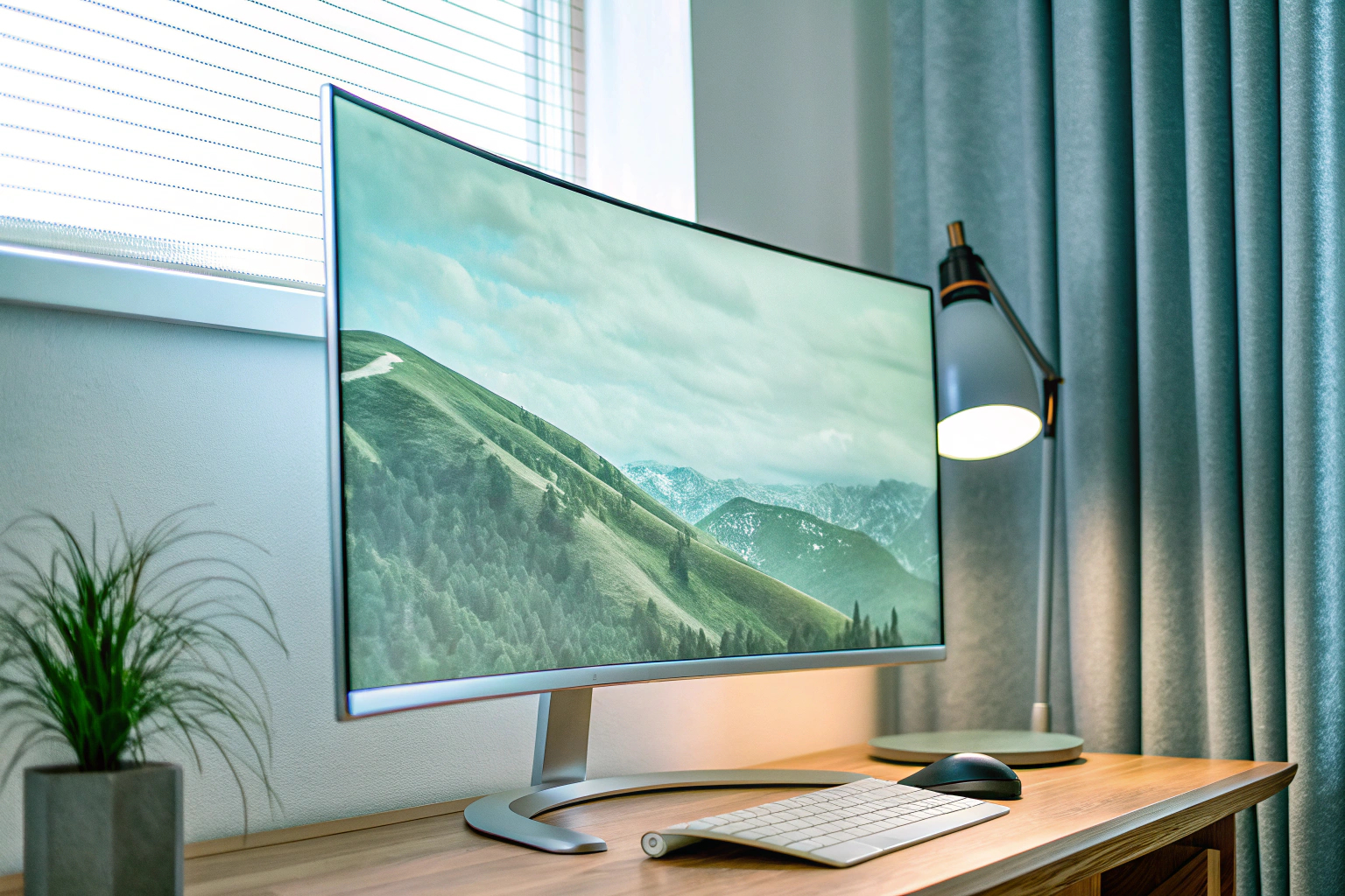 Ein Curved Monitor auf einem Schreibtisch, der ein immersives Seherlebnis bietet. Curved Monitor auf Schreibtisch