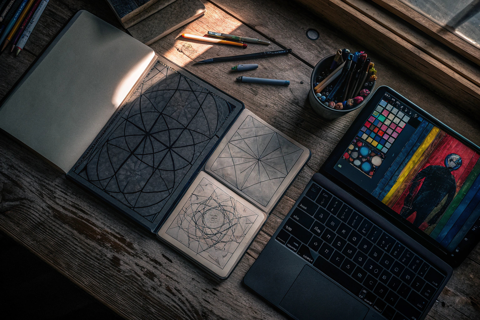 Ein Designer, der an einem Grafikdesign-Projekt arbeitet, umgeben von verschiedenen Tools und Materialien. Grafikdesigner bei der Arbeit