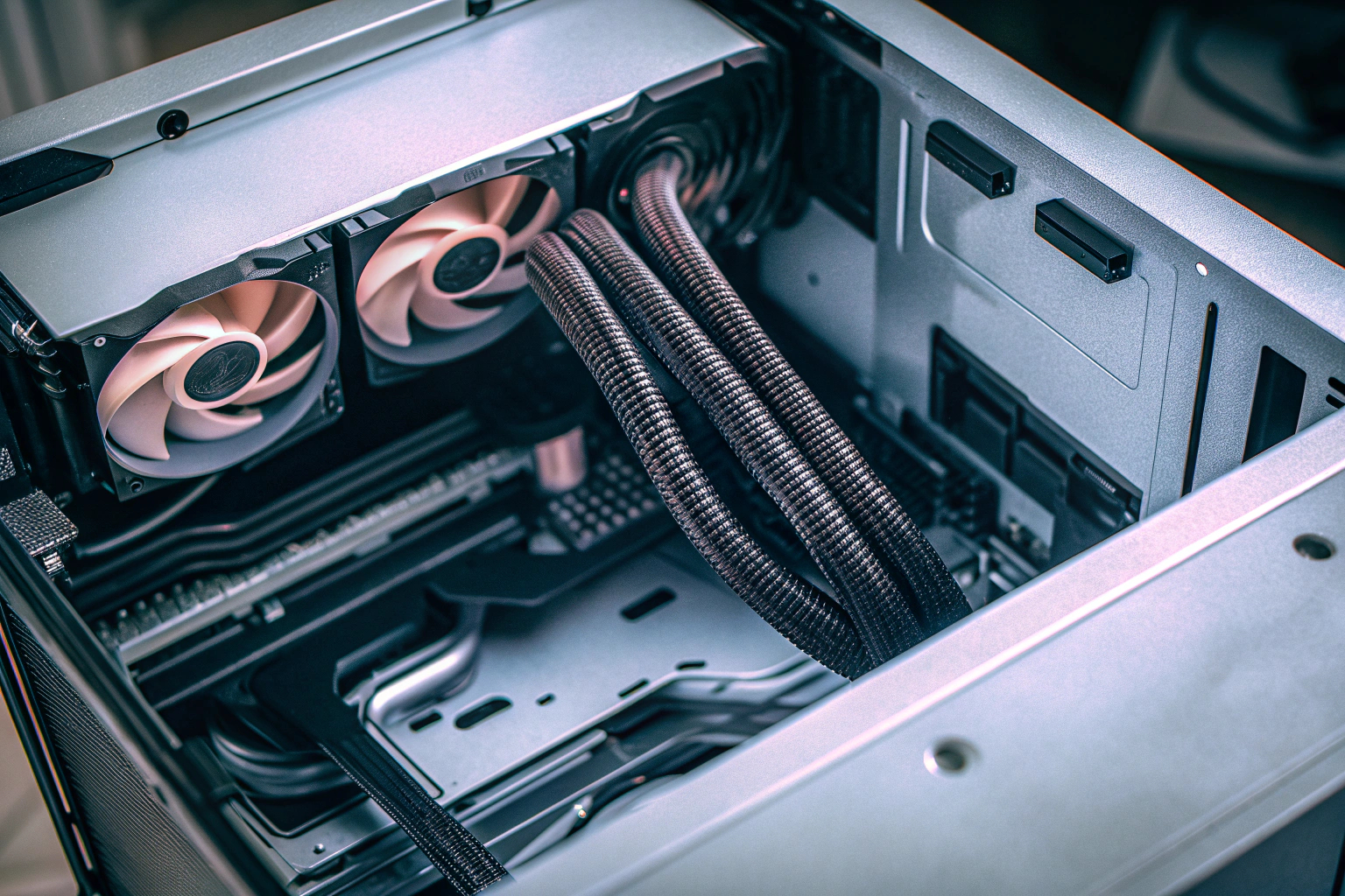 Ein detailreiches Bild eines geöffneten Gaming-PCs mit sichtbaren Komponenten wie Grafikkarte, CPU-Kühler, RAM und Kabelmanagement. Innenansicht eines Gaming-PCs