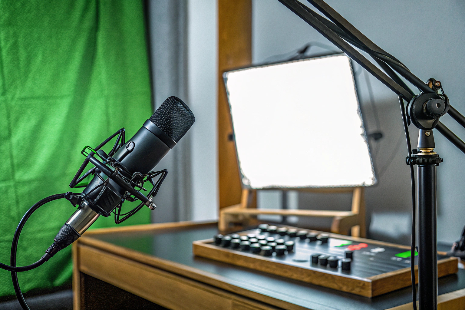 Ein detailreiches Setup mit Mikrofon und Mixer, bereit für den Einsatz im Streaming-Studio. Streaming-Ausrüstung mit Mikrofon und Mischpult