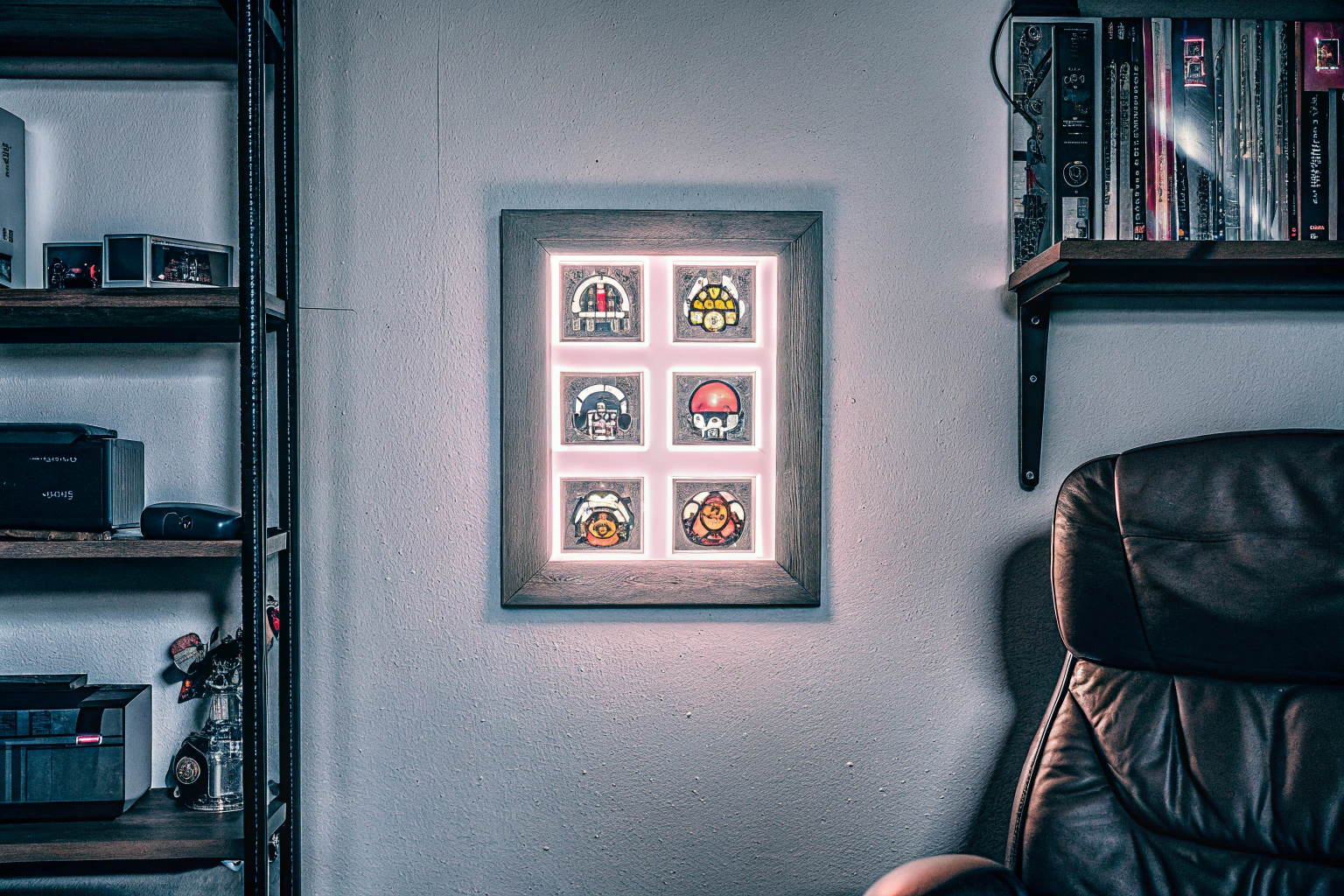 Ein digitaler Pixel-Art-Bilderrahmen, der Kunstwerke im Gaming-Zimmer zeigt. Pixel Art Bilderrahmen