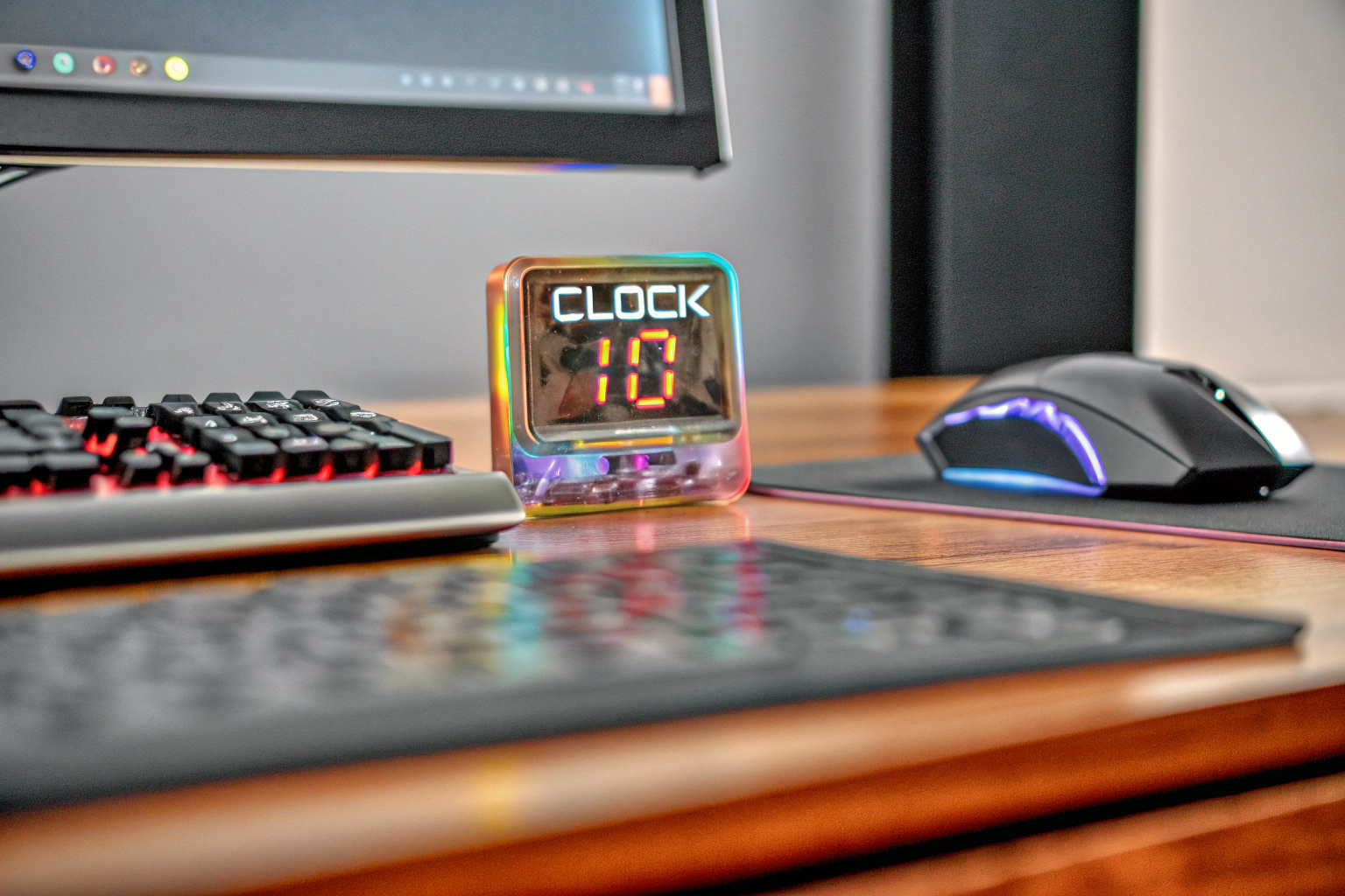 Ein digitaler Wecker mit RGB-Beleuchtung auf einem Gaming-Schreibtisch. RGB-Digitalwecker auf Gaming-Schreibtisch
