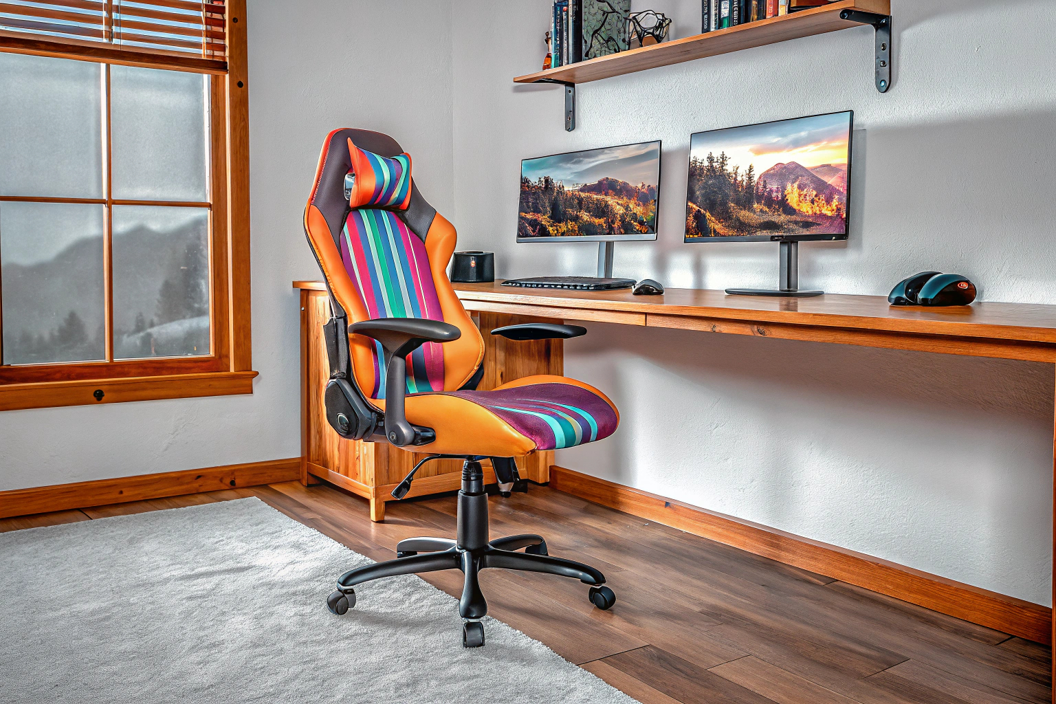 Ein ergonomischer Gaming-Stuhl in einem modernen Homeoffice-Setup. Ergonomischer Gaming-Stuhl im Homeoffice
