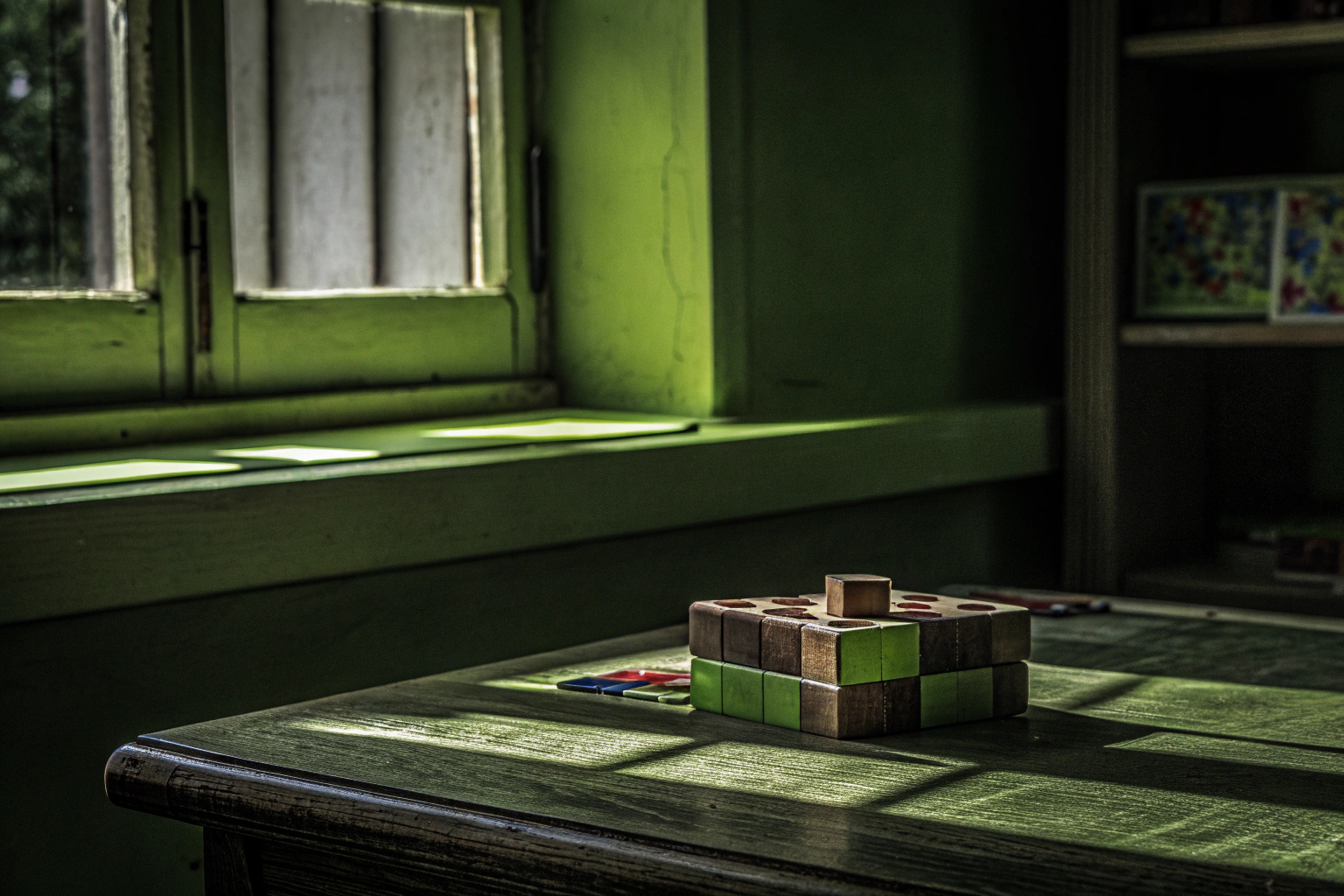 Ein Erwachsener, der nachdenklich an einem Holz-Knobelspiel arbeitet, umgeben von anderen Puzzleteilen. Erwachsener löst Holz-Knobelspiel