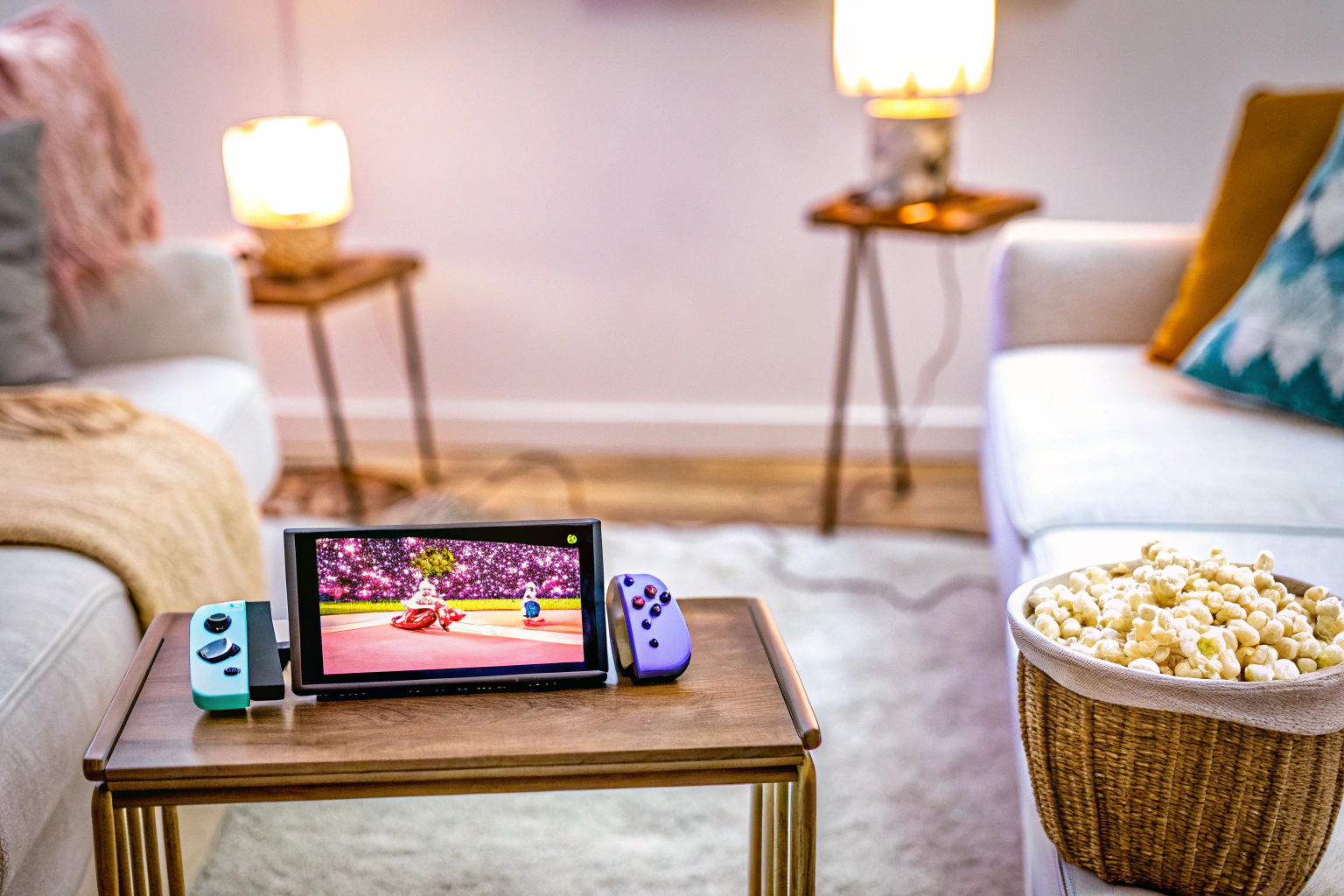 Ein Familienabend mit einer Nintendo Switch, Mutter, Vater und zwei Kinder spielen gemeinsam Mario Kart. Familie spielt Nintendo Switch