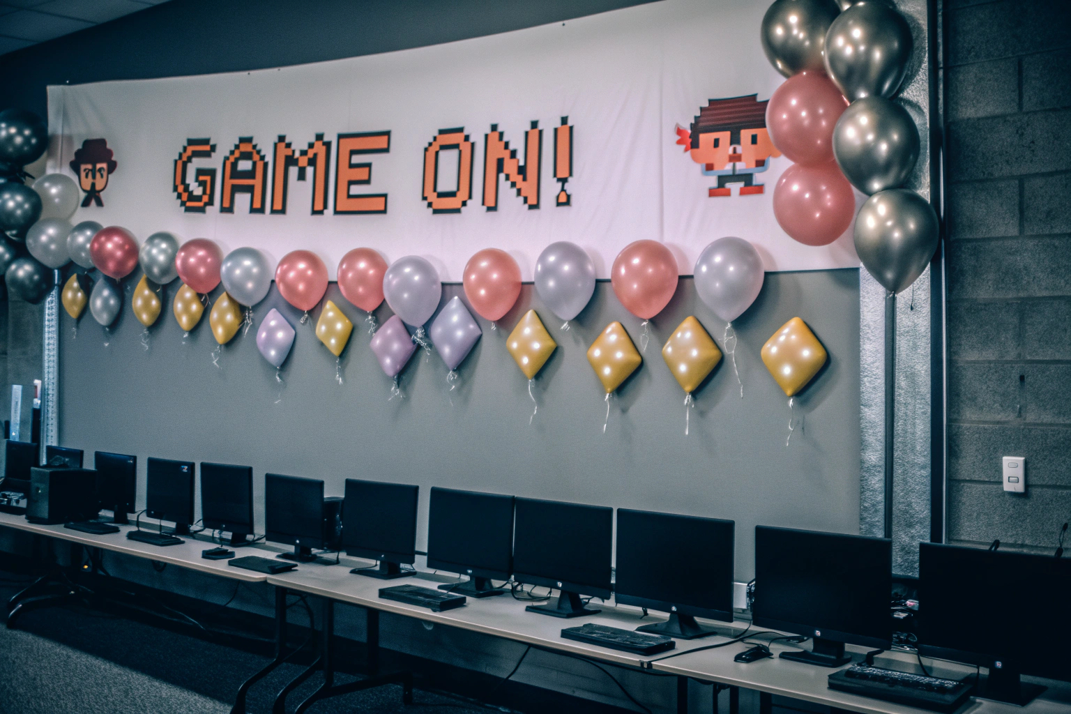 Ein festlich dekorierter Raum mit Gaming-Luftballons und -Lichtern. Gaming Deko
