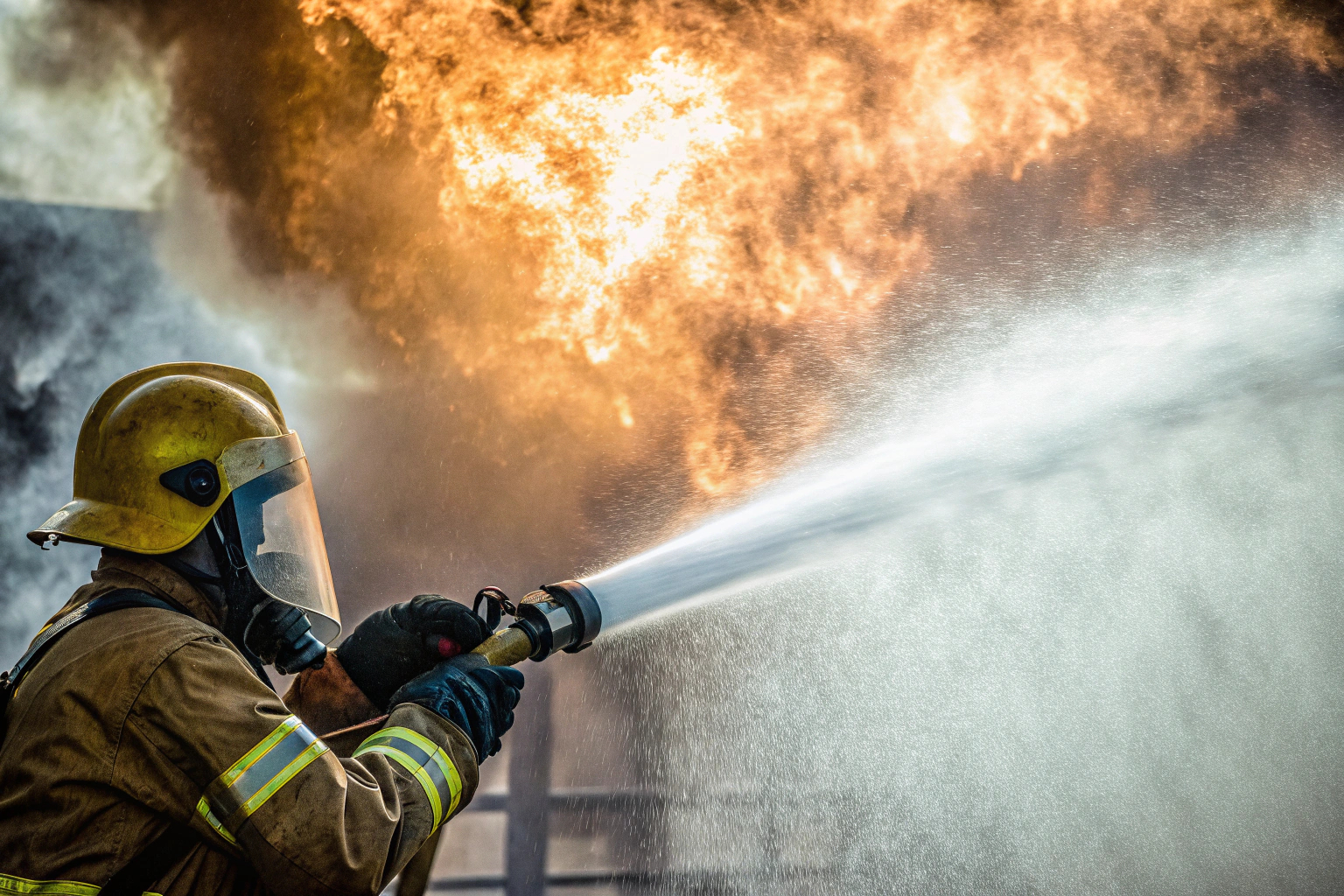 Ein Feuerwehrmann in Aktion, der mit einem Schlauch ein Feuer löscht, umgeben von dichten Rauchschwaden. Feuerwehrmann bekämpft Flammen