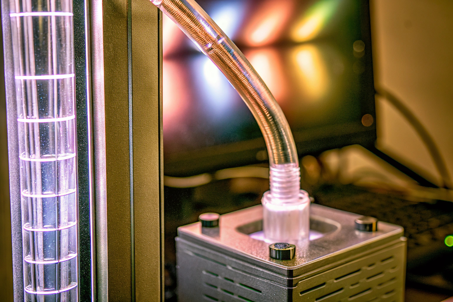Ein Flüssigkühler in Aktion, der eine hohe Kühlleistung bietet. Flüssigkühler in einem Gaming-PC