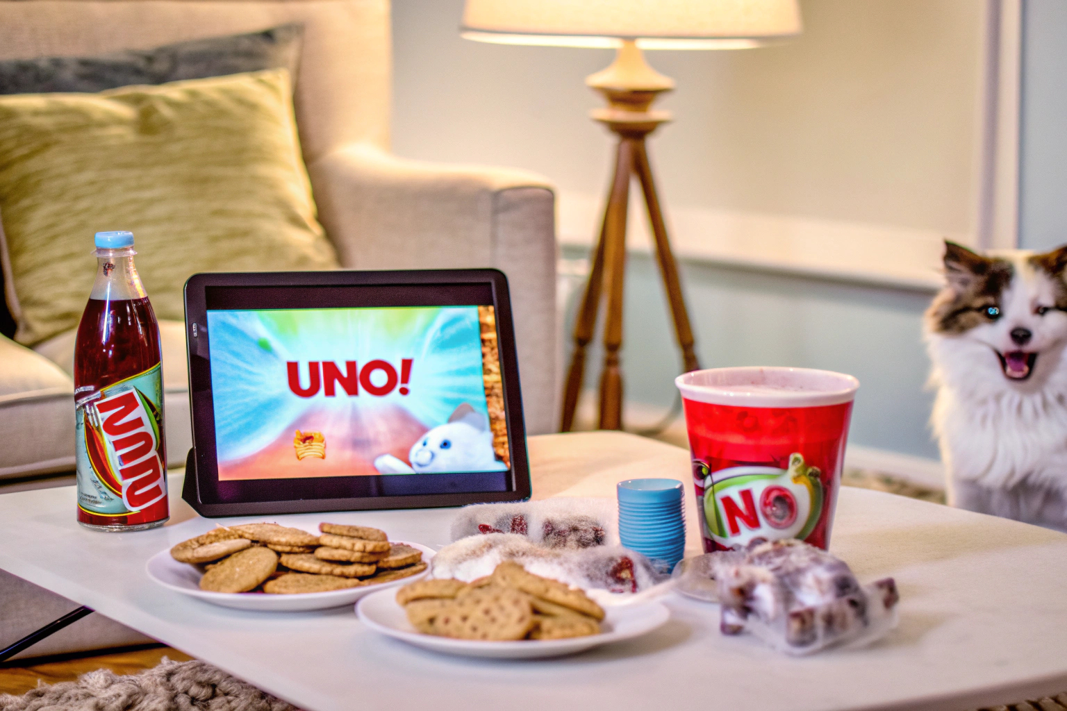 Ein fröhlicher Freundeskreis, der UNO!™ auf einem digitalen Gerät spielt und dabei lacht und Spaß hat. UNO!™ Multiplayer Spiel