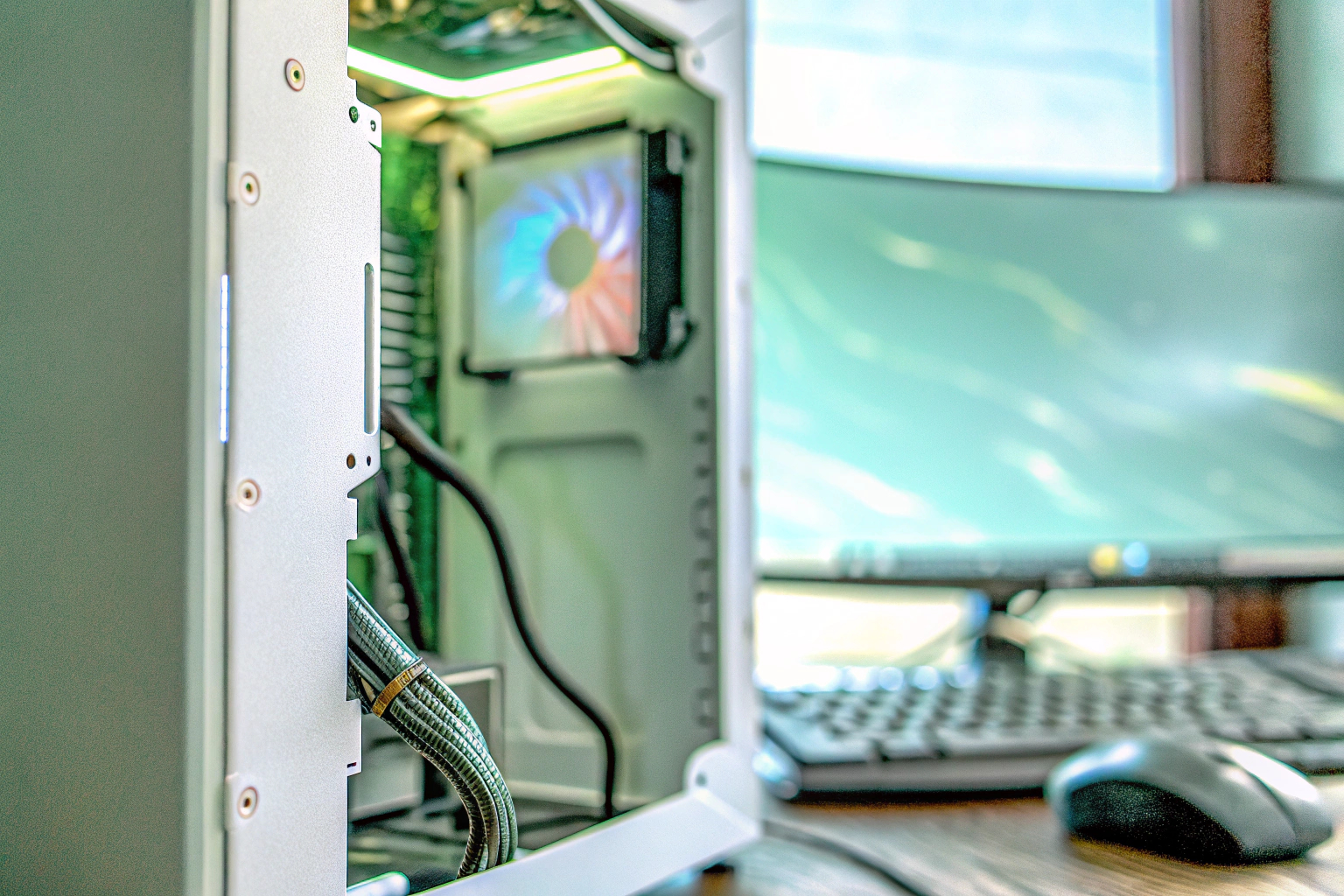 Ein Gamer bei der Installation einer internen Soundkarte in einem Gaming-PC. Installation einer internen Soundkarte
